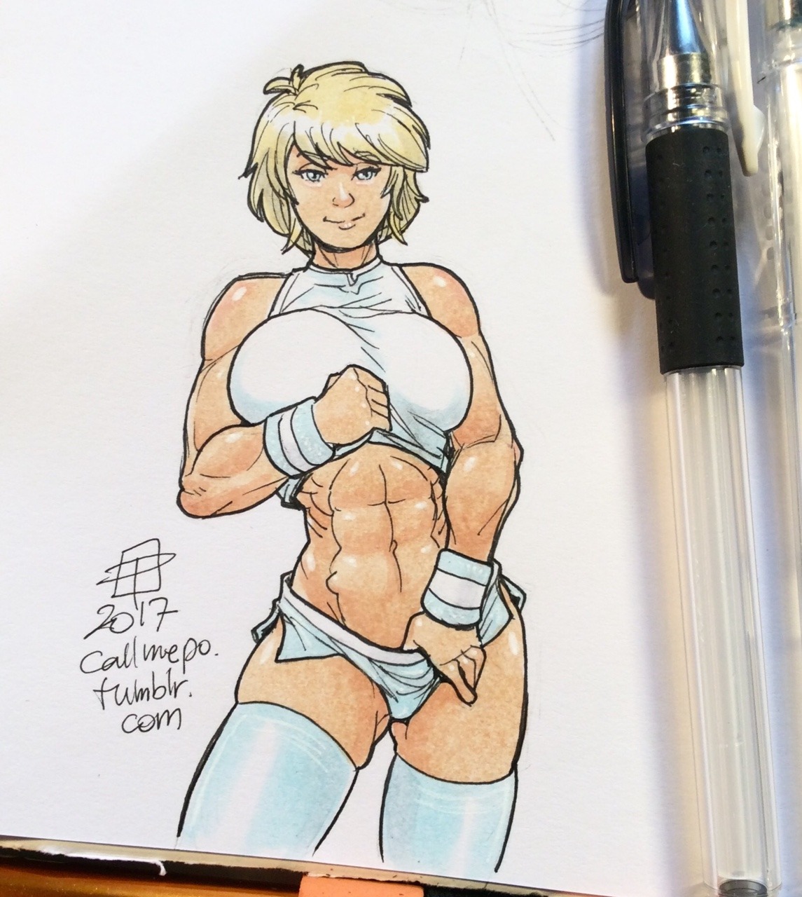 1girls, 2017, abs, blonde hair, blue eyes, breasts, callmepo, color, colored, dc, dc comics, female, female only, large breasts, looking at viewer, muscles, muscular, muscular female, photo (medium), power girl, signature, solo, superman (series), text