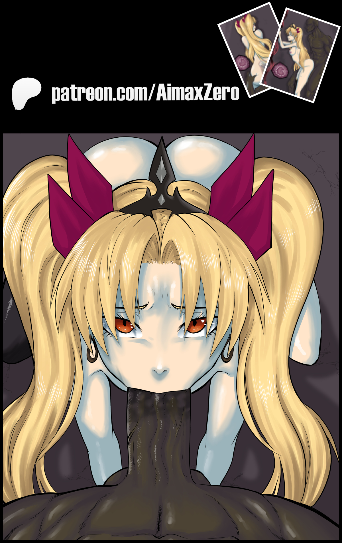 aima zero, big penis, blonde female, blowjob, dark skin, dark-skinned male, ereshkigal (fate), fate (series), fate/grand order, fellatio, female, interracial, looking at viewer, male, on hands and knees, oral, oral sex, patreon username, penis, pov, pov eye contact, red eyes, sucking penis, twintails