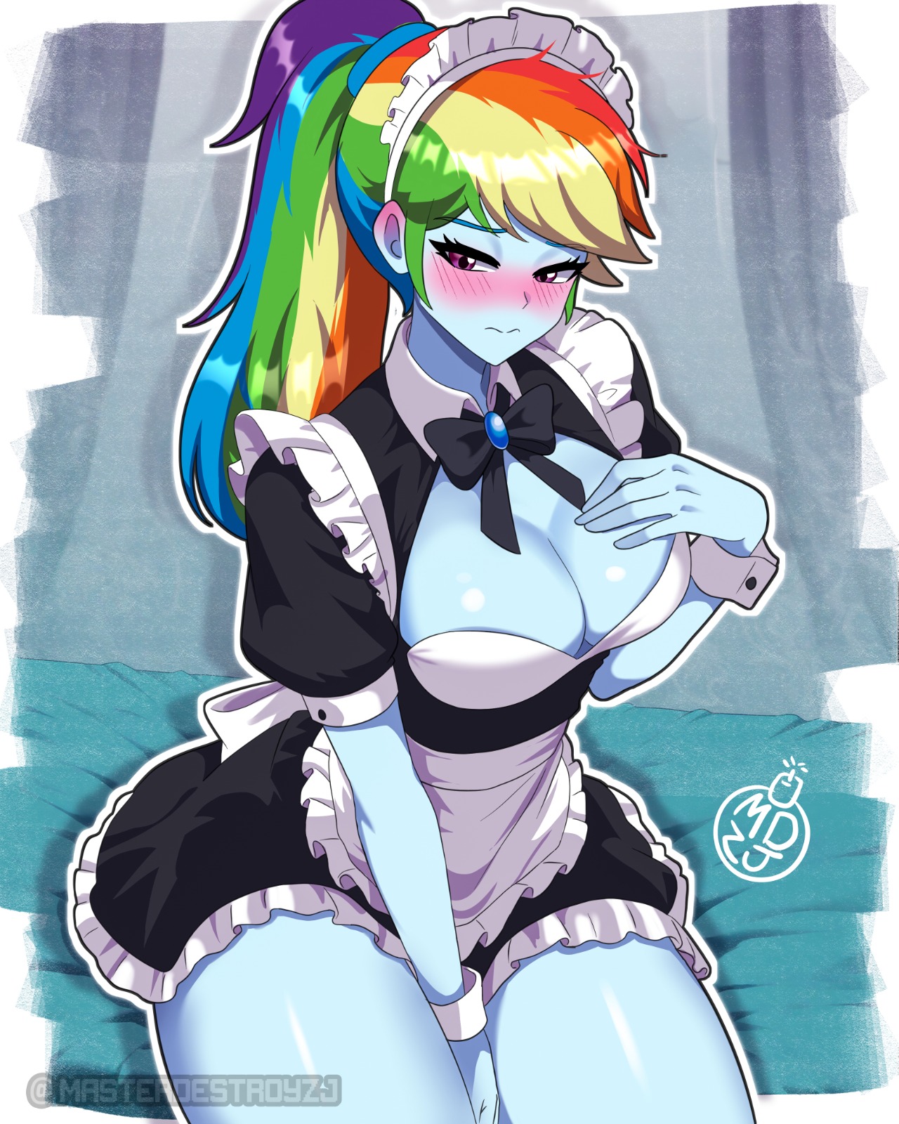 big breasts, big thighs, big titties, blue, breasts, cleavage, clothing, curvaceous, equestria girls, female, female focus, female only, long hair, maid, maid uniform, masterdestroyzj, multicolored hair, my little pony, ponytail, rainbow dash (eg), rainbow dash (mlp), rubber, uniform