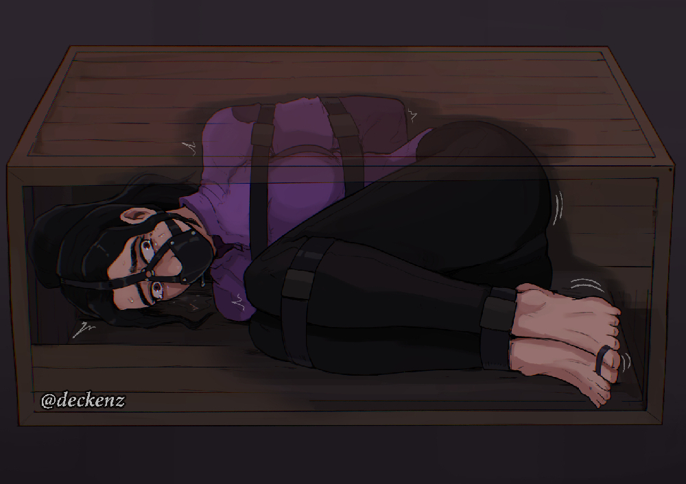 bondage box confinement gag harness_gag hawkeye hawkeye_(series) kate_bishop marvel toe_ties toetied