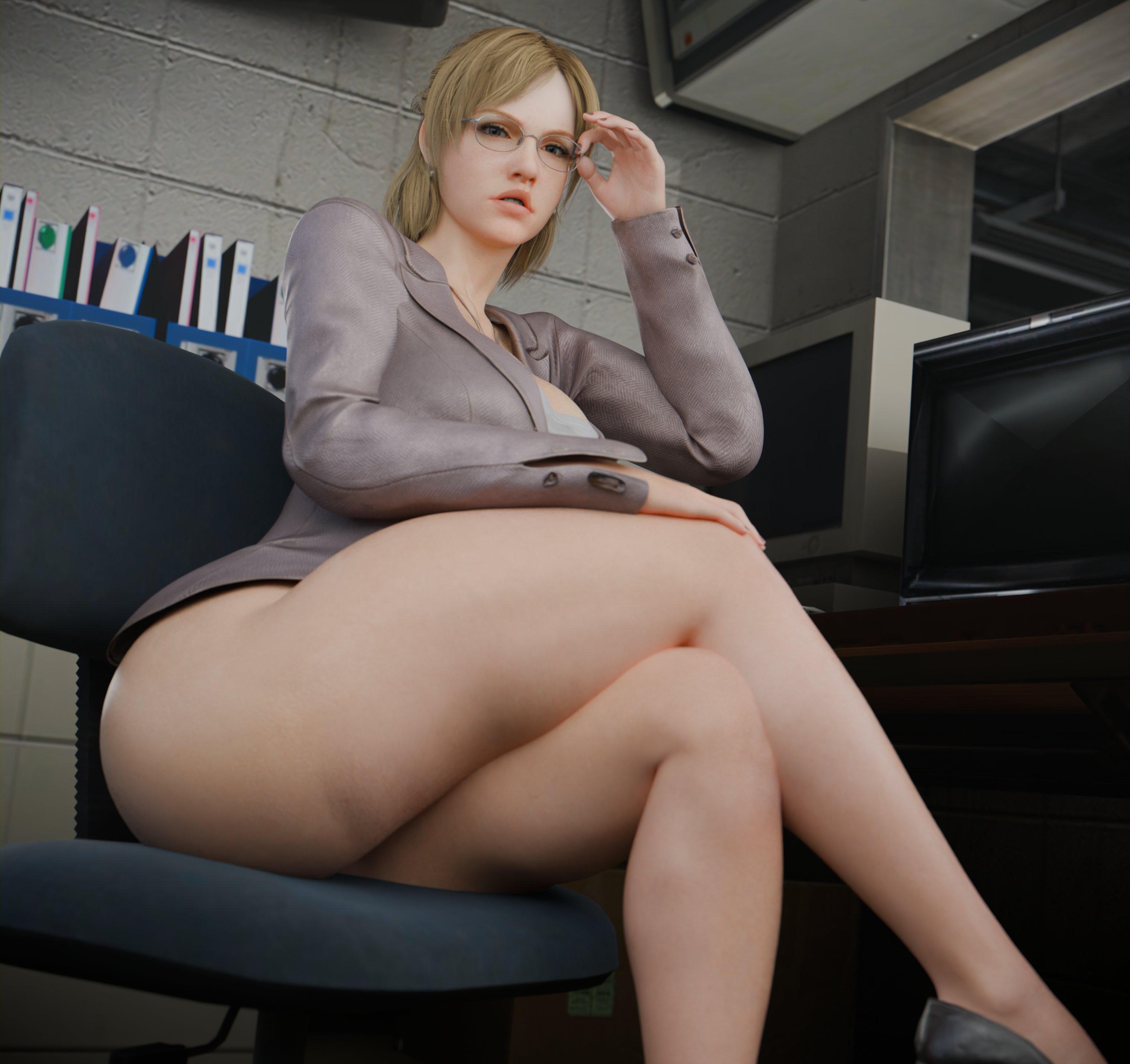 1girls, 2020s, 2025, 3d, 3d (artwork), annoyed, annoyed expression, ass, big ass, big butt, blonde female, blonde hair, blonde-haired female, caught, crossed legs, crossed legs (sitting), dead rising, dead rising (series), female, female focus, female only, glasses, jessica mccarney, light skin, light-skinned female, looking at viewer, sitting, solo, solo female, solo focus, thick thighs, thighs, vensaku