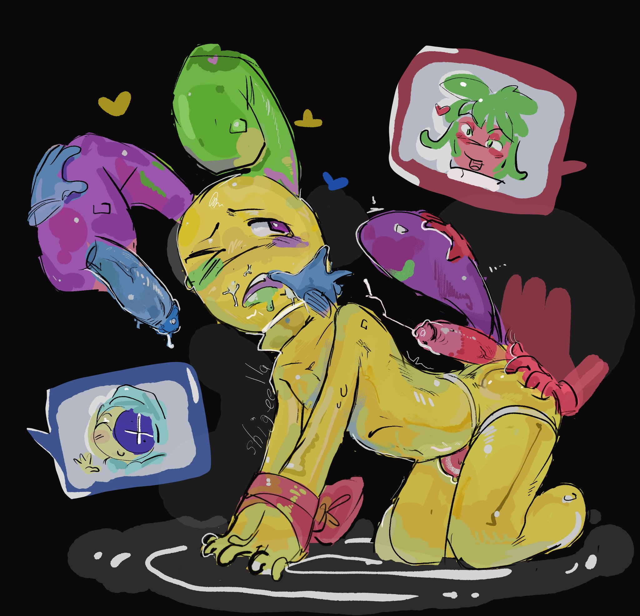 3boys, astro (dandy's world), cum on face, dandy's world, gay, heart, hearts around head, looey (dandy's world), male, roblox game, sanfic215949, sprout (dandy's world), threesome, tied arms, yaoi