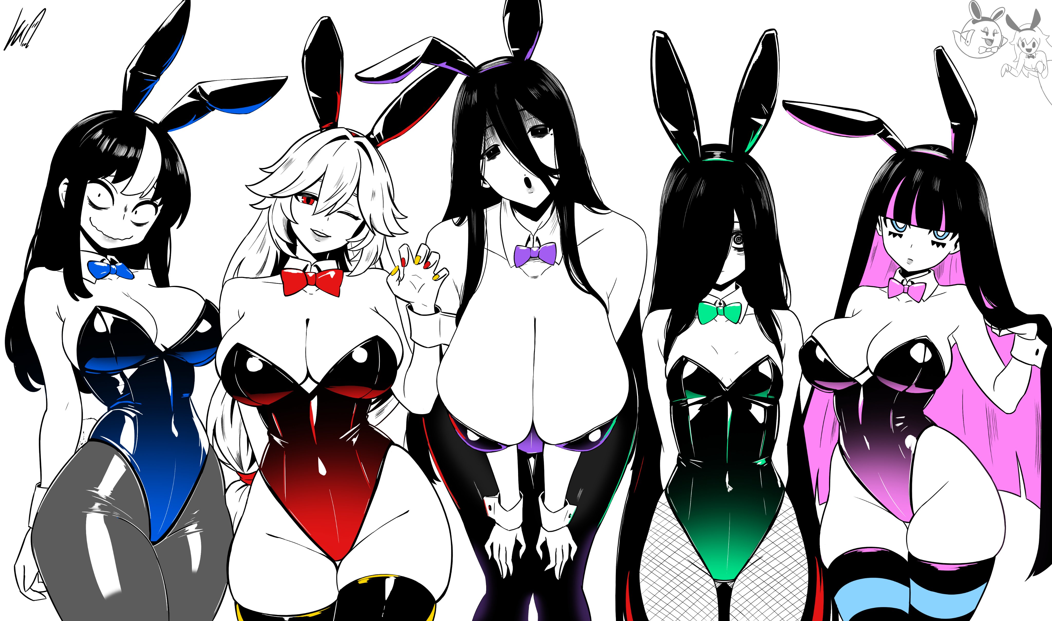 2channel, 5girls, alexandrina sebastiane, breasts, bunny ears, bunnysuit, female, hasshaku-sama, large breasts, lughost, noss & zakuro, noss the nosferatu (crap-man), original, panty & stocking with garterbelt, spot color, stocking anarchy, tagme, the ring, yamamura sadako, zenless zone zero