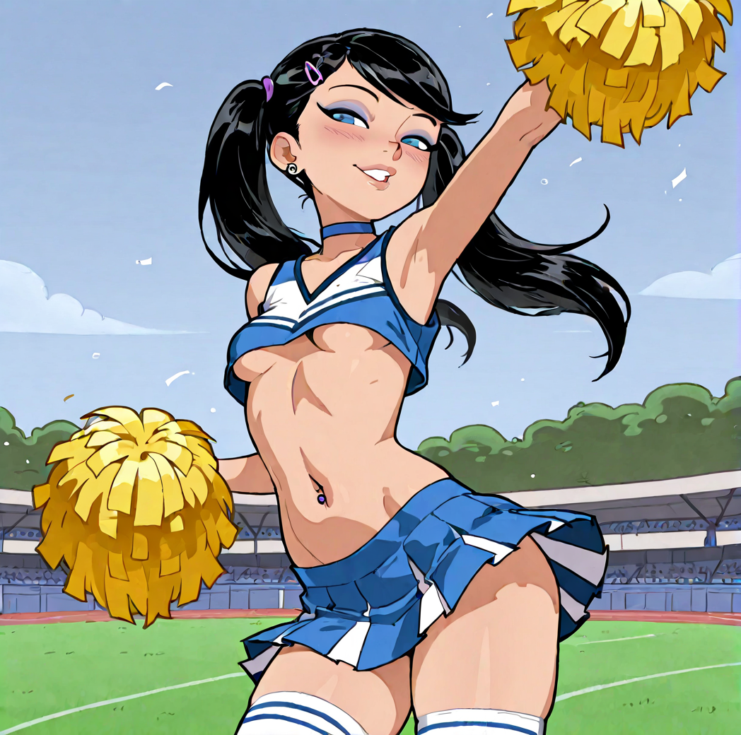 1girls ai_generated black_hair blue_eyes cheerleader cheerleader_outfit cheerleader_uniform female lips navel outside pom_poms skirt small_breasts solo stable_diffusion teen teen_girl teenage_girl teenager thighhighs twintails underboob