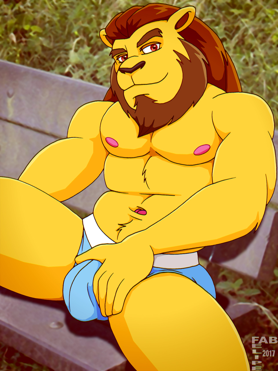 2017 3:4 5_fingers anthro beard blue_briefs blue_clothing blue_underwear briefs briefs_only brown_beard brown_eyebrows brown_facial_hair brown_mane brown_nose closed_smile clothed clothing digital_media_(artwork) eyebrows fabfelipe facial_hair felid fingers fur hand_on_bulge hand_on_own_bulge hi_res lion looking_at_viewer male mammal mane mouth_closed navel nipples pantherine pink_nipples sitting smile solo topless topless_anthro topless_male underwear underwear_only yellow_body yellow_fur