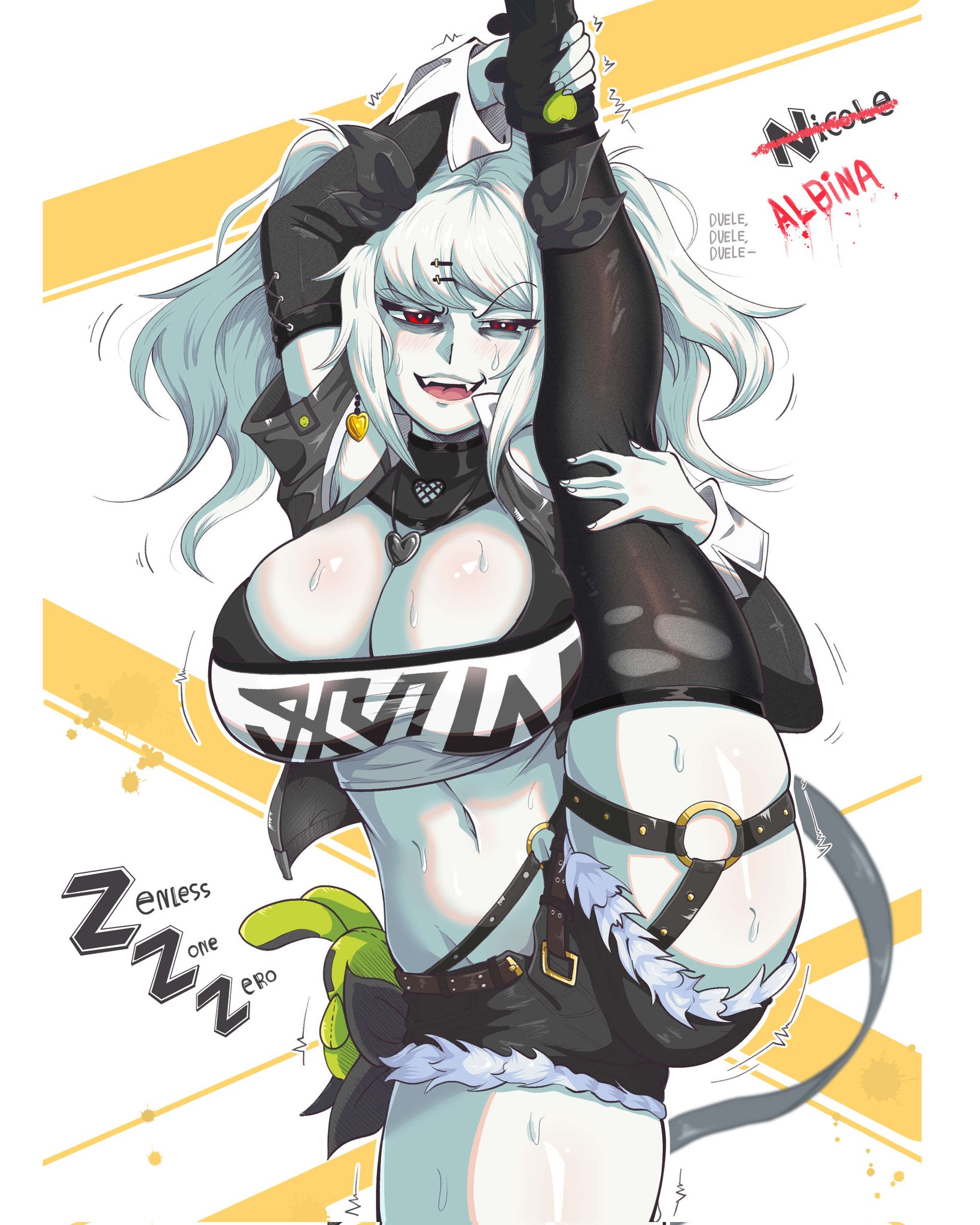 1girls, albina (tidal), ass, big breasts, blush, breasts, female, navel, nicole demara (cosplay), open mouth, pain, red eyes, source request, spanish text, standing split, sweat, text, thick ass, thick thighs, thighs, tidal (artist), translation check, white body, white hair, white skin, white skinned female, zenless zone zero
