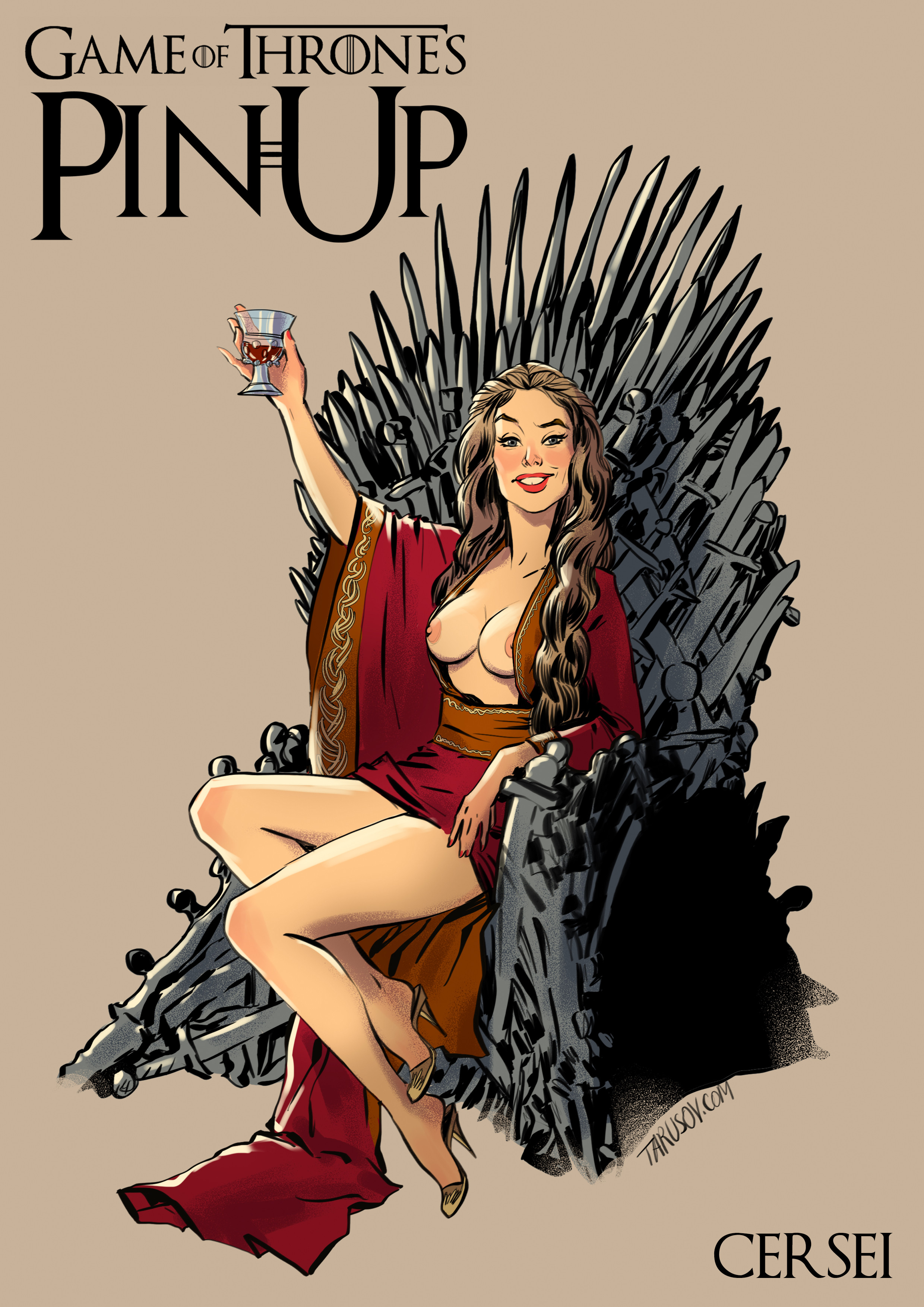 2d, a song of ice and fire, alcohol, andrew tarusov, artist name, blonde hair, breasts, cersei lannister, character name, copyright name, dress, drink, english, english text, feet, female, female only, footwear, game of thrones, high resolution, hips, holding object, house lannister, human, iron throne, legs, lips, lipstick, long hair, looking at viewer, makeup, medium breasts, milf, mother, nail polish, nipples, shoes, signature, simple background, sitting, smile, solo, solo female, sword, text, thighs, throne, very high resolution, weapon