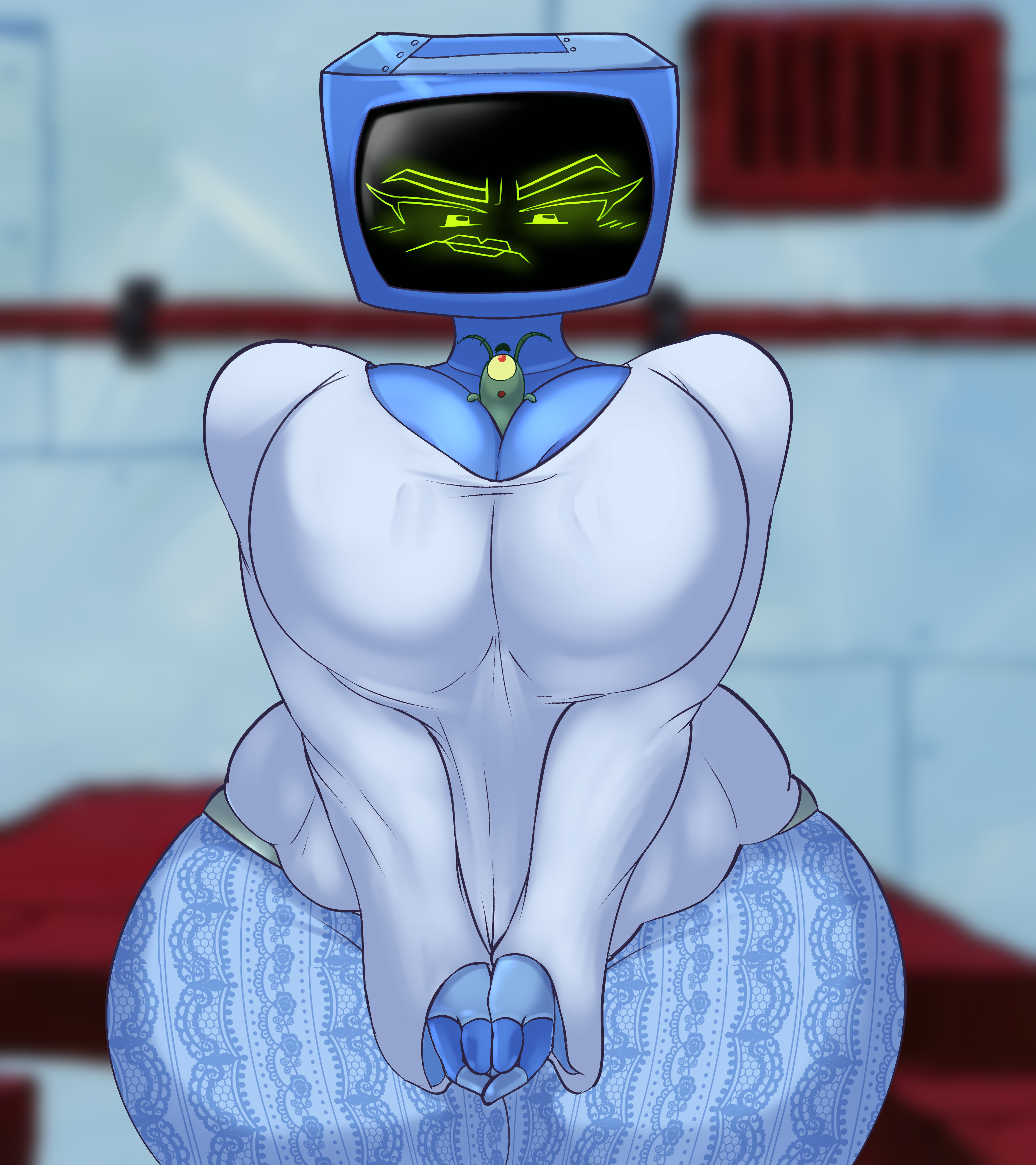absurd res, anthro, between breasts, big breasts, blurred background, breasts, cleavage, clothed, clothing, duo, extreme size difference, female, forbidden pants, frown, hi res, huge breasts, humanoid, karen plankton, machine, male, male/female, marine, micro, nickelodeon, plankton (species), robot, robot humanoid, screen, screen face, sheldon j. plankton, size difference, spongebob squarepants, teenagebratwurst