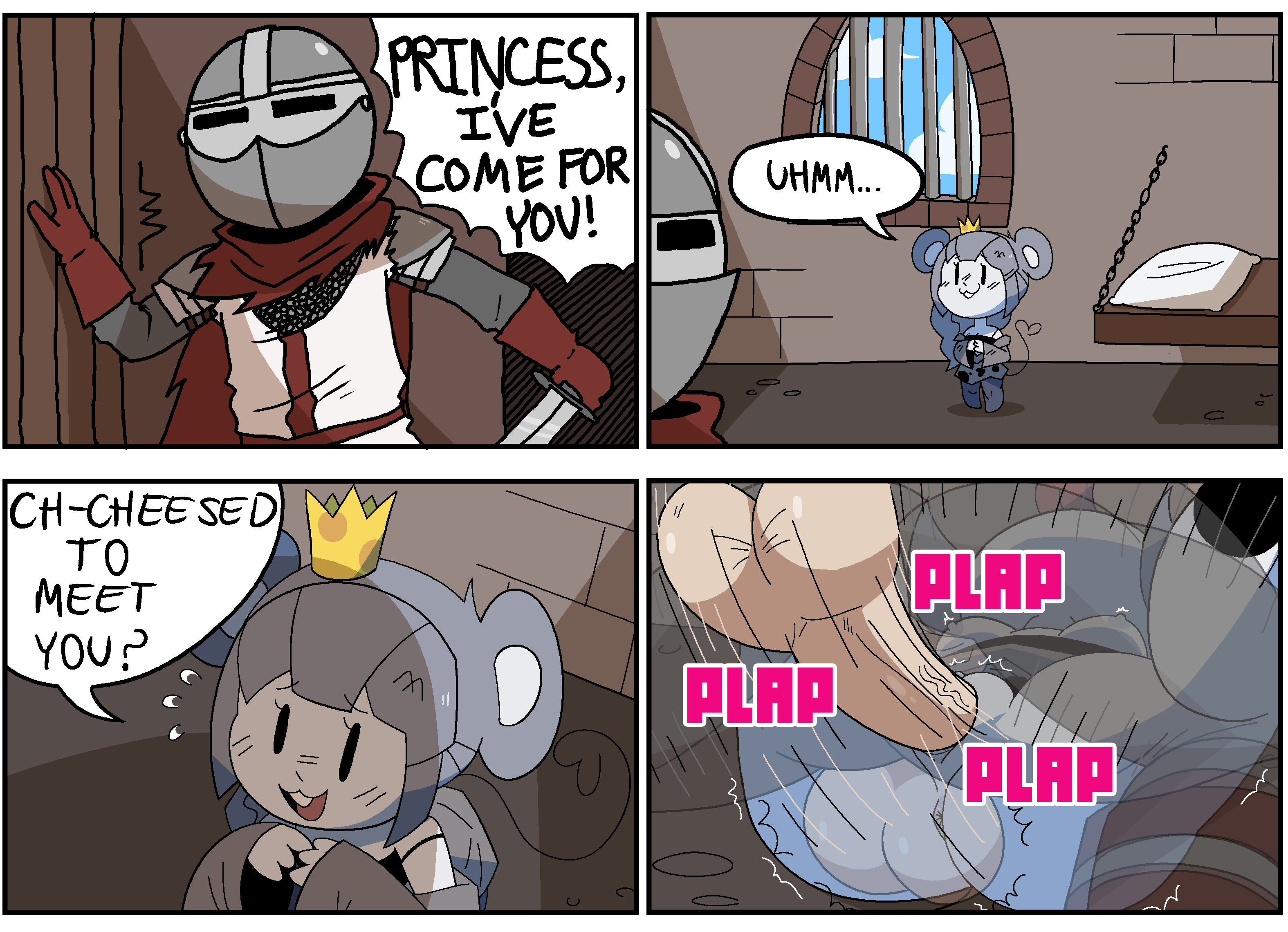 cheese, cheesed to meet you, color, comic, crown, dialogue, female, grey hair, height difference, knight, mating press, meme, mouse, mouse ears, mouse girl, mouse princess (towergirls), mouse tail, noxshade, onomatopoeia, plap, plap (sound), princess, pussy, short hair, sword, text, towergirls, vaginal penetration, vaginal sex