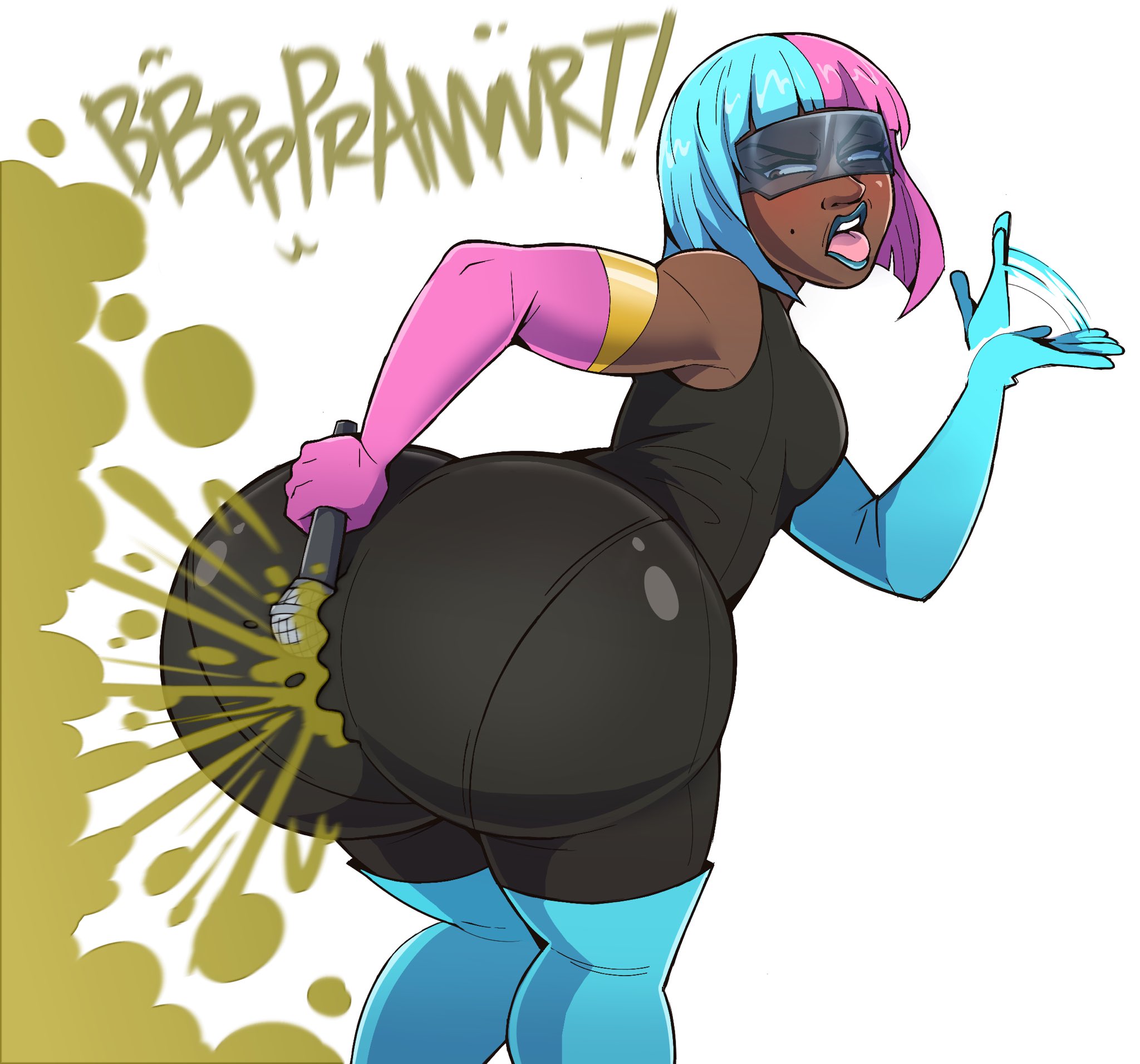 1girls, 2020s, 2025, 2025s, big ass, big butt, blue hair, bubble ass, bubble butt, dark skin, dark-skinned female, disguise, disgust, dispatch (game), fart, fart cloud, fart fetish, farting, farting on microphone, gassy, gassy female, green gas, green gas cloud, jpeg, microphone, no background, onomatopoeia, pink hair, prism (dispatch), round ass, round butt, simple background, twitter link, two-tone hair, video game, video game character, video games, visor, visor (eyewear), visor glasses, voluptuous, voluptuous female, white background, xee, xeenitsu, zeeny
