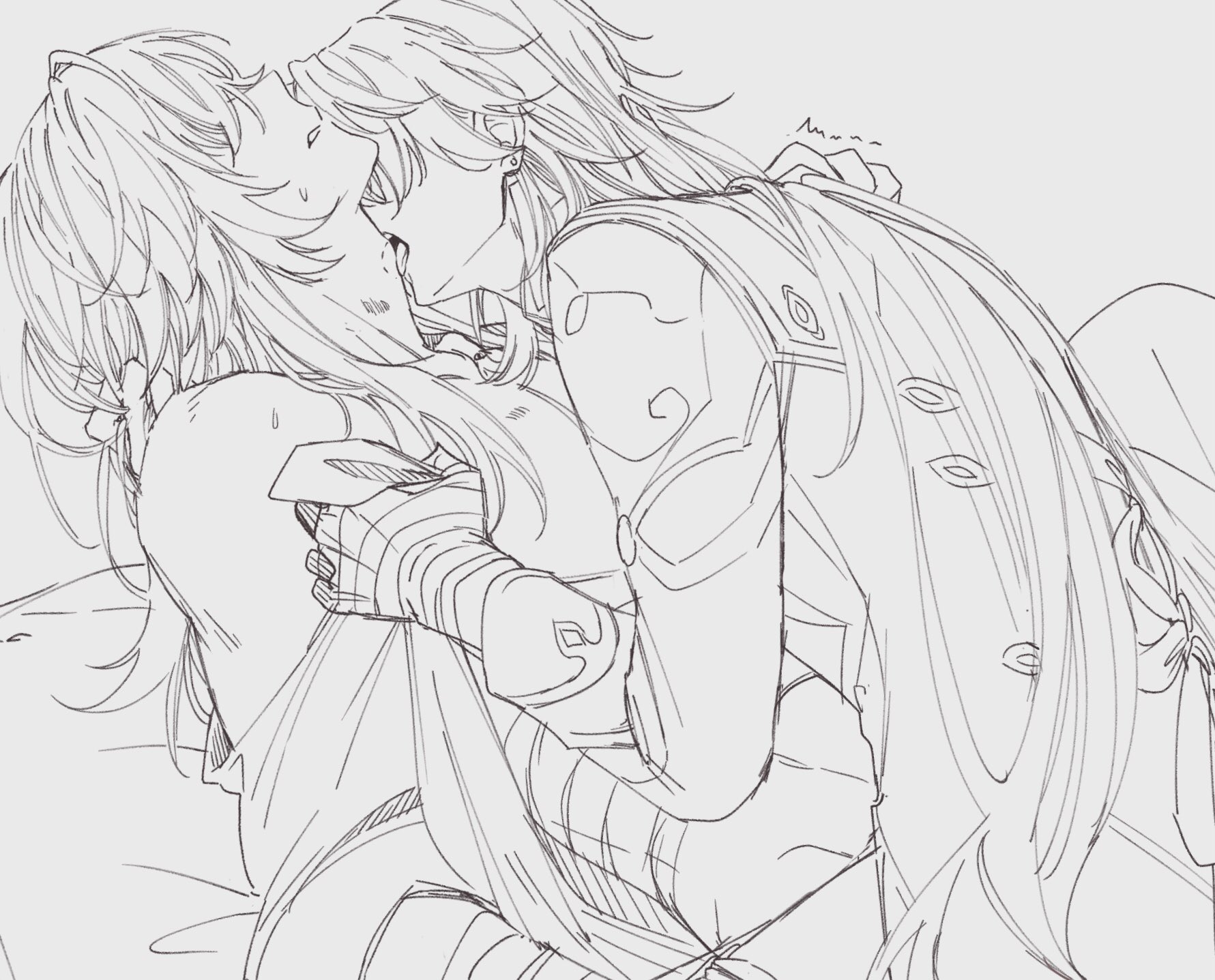 bandage, bandaged waist, bandages, bite, bite mark, bite mark on neck, blade (honkai: star rail), chest exposed, clothed, clothing, exposed chest, exposed torso, gay, gay blowjob, grabbing hair, homosexual, homosexual male, honkai: star rail, hoyoverse, jing yuan, licking, licking neck, long hair, male, male only, male/male, sweat, sweatdrop, tongue, tongue out, yaoi