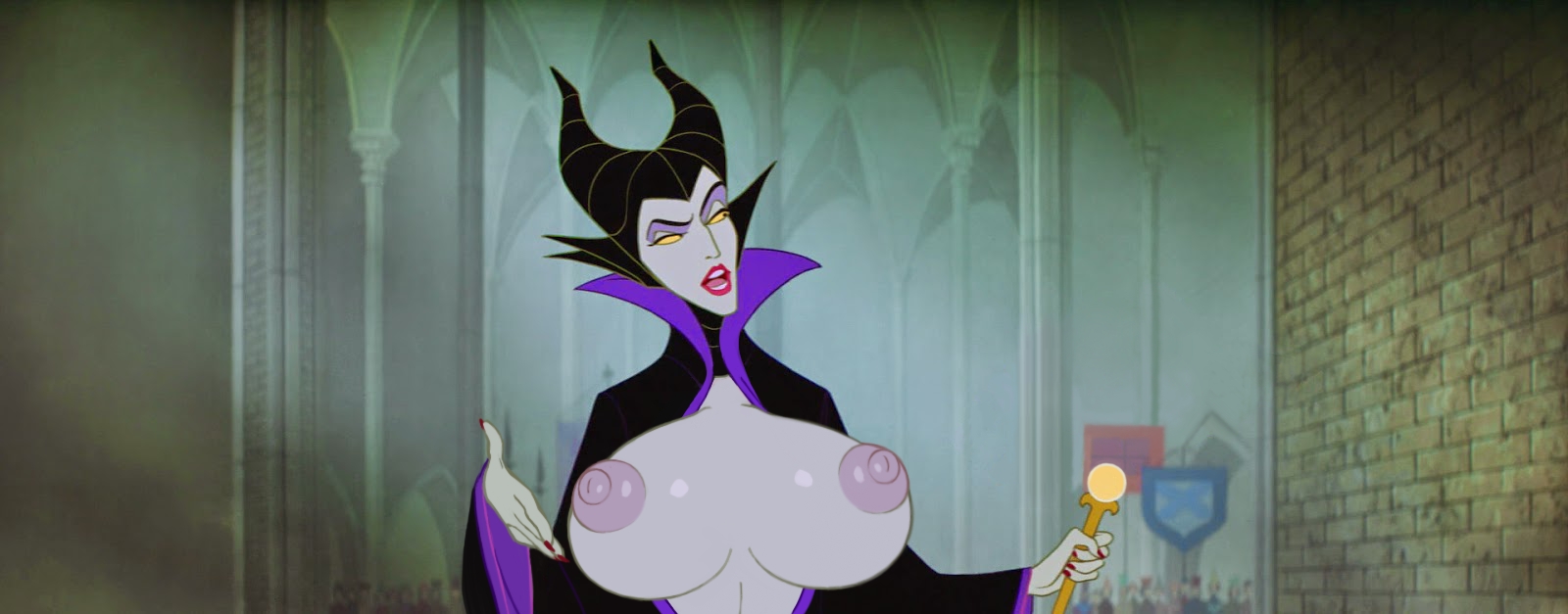 1girls, areolae, big breasts, breasts, breasts out, cape, cleavage, disney, disney villains, edit, editfag, female, female only, grey skin, highres, horns, huge breasts, human, indoors, lipstick, maleficent, nipples, no bra, open mouth, presenting, presenting breasts, puffy nipples, red lipstick, screenshot, screenshot edit, shiny skin, sleeping beauty (1959 film), solo, staff, tongue, villain, villainess, witch, yellow sclera