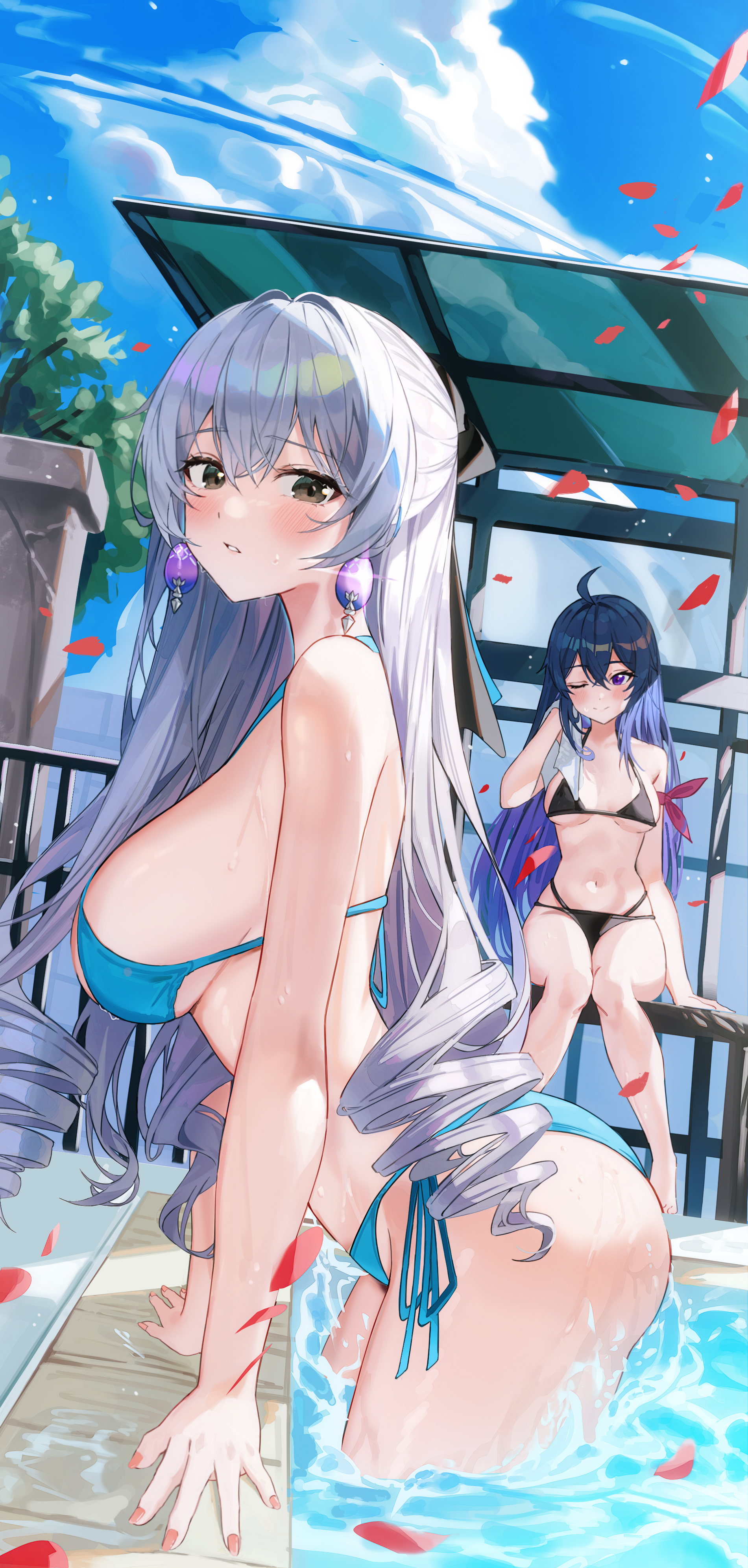 2girls, ahoge, aqua bikini, arm support, ass, bare shoulders, big breasts, bikini, black bikini, blue hair, blush, breasts, bronya rand, closed mouth, clouds, drill hair, drying hair, earrings, female, grey eyes, grey hair, hair between eyes, halterneck, honkai (series), honkai: star rail, jewelry, jhk, long hair, looking at viewer, medium breasts, multiple females, multiple girls, navel, one eye closed, open mouth, outdoors, purple eyes, purple hair, seele (honkai: star rail), side-tie bikini bottom, sideboob, sitting, sitting on railing, sky, smile, string bikini, swimsuit, tree, underboob, wet