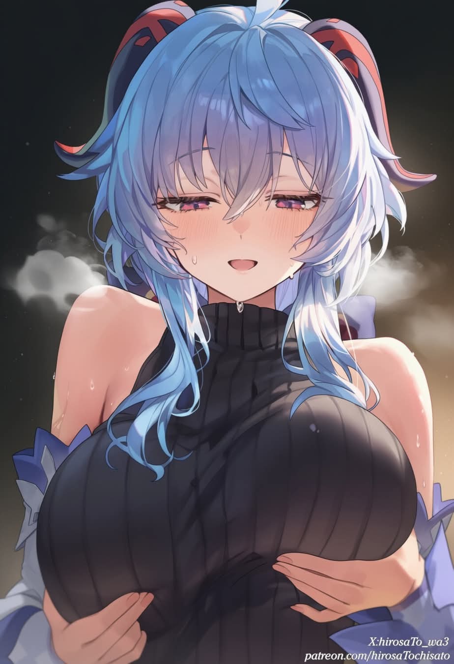 1girls, ai generated, blue hair, breasts, female, fondling breast, ganyu (genshin impact), genshin impact, horns, large breasts, sweat