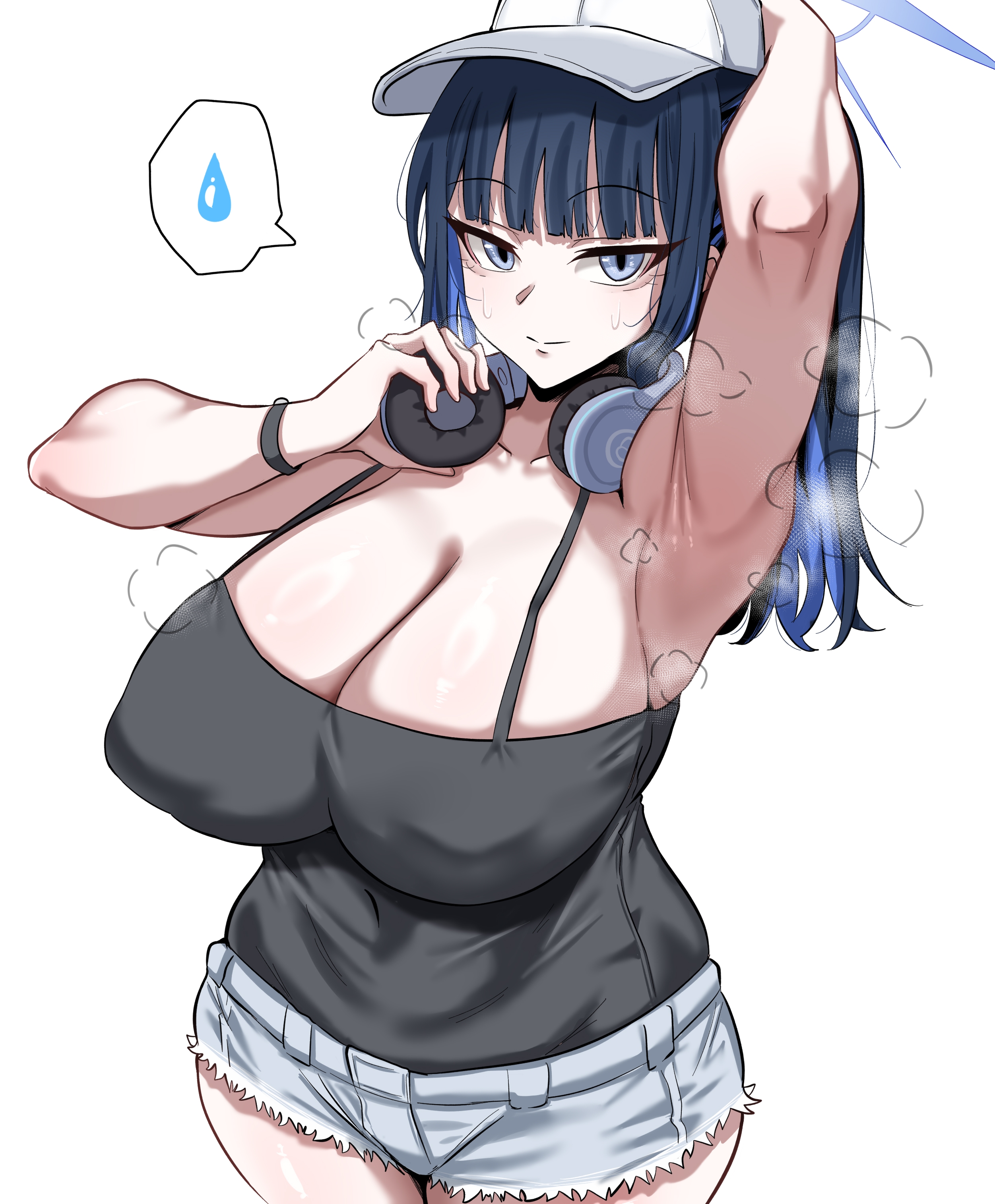 absurdres, arius satellite school student, arius squad (blue archive), arm up, armpits, baseball cap, black camisole, black hair, blue archive, blue eyes, blue hair, blue halo, blunt bangs, breasts, camisole, collarbone, covered erect nipples, denim, denim shorts, female, grey shorts, halo, hat, headphones, headphones around neck, highres, large breasts, long hair, looking at viewer, multicolored hair, ponytail, saori (blue archive), saori (swimsuit) (blue archive), short shorts, shorts, sidelocks, simple background, smile, solo, spoken sweatdrop, standing, sweatdrop, two-tone hair, white background, white hat, woo (woosan)