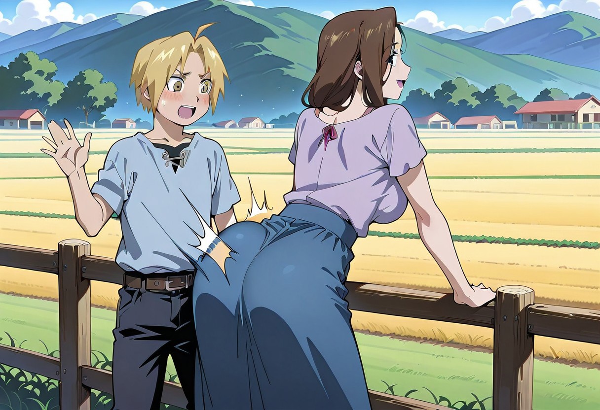 ai generated, ass, ass awe, ass focus, civitai, edward elric, female, fullmetal alchemist, imminent incest, incest, lauriluusua, mother and son, slapping ass, trisha elric