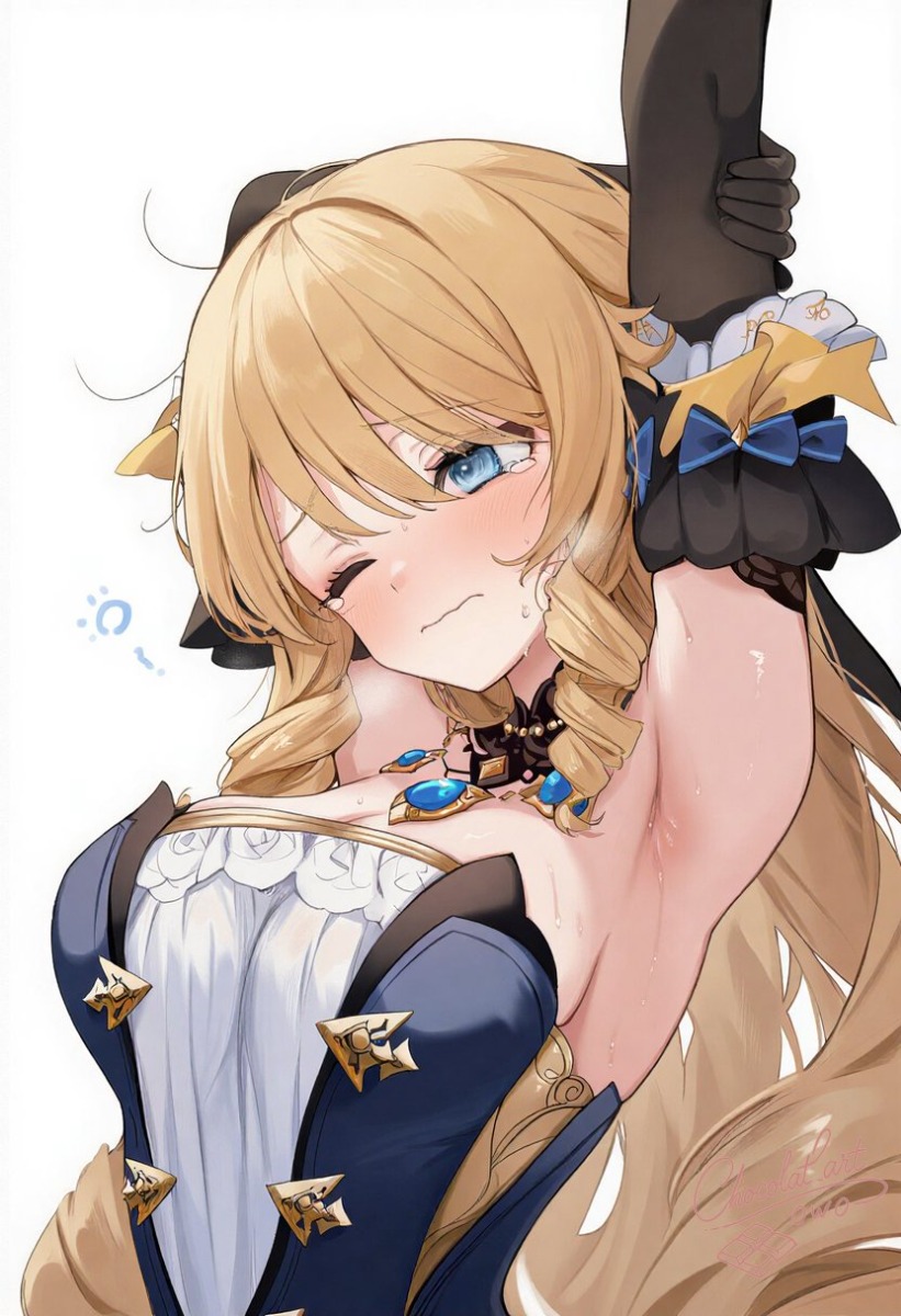 1girls, ai generated, armpits, blonde hair, blue eyes, female, genshin impact, navia (genshin impact), stretching, sweat, thight clothing