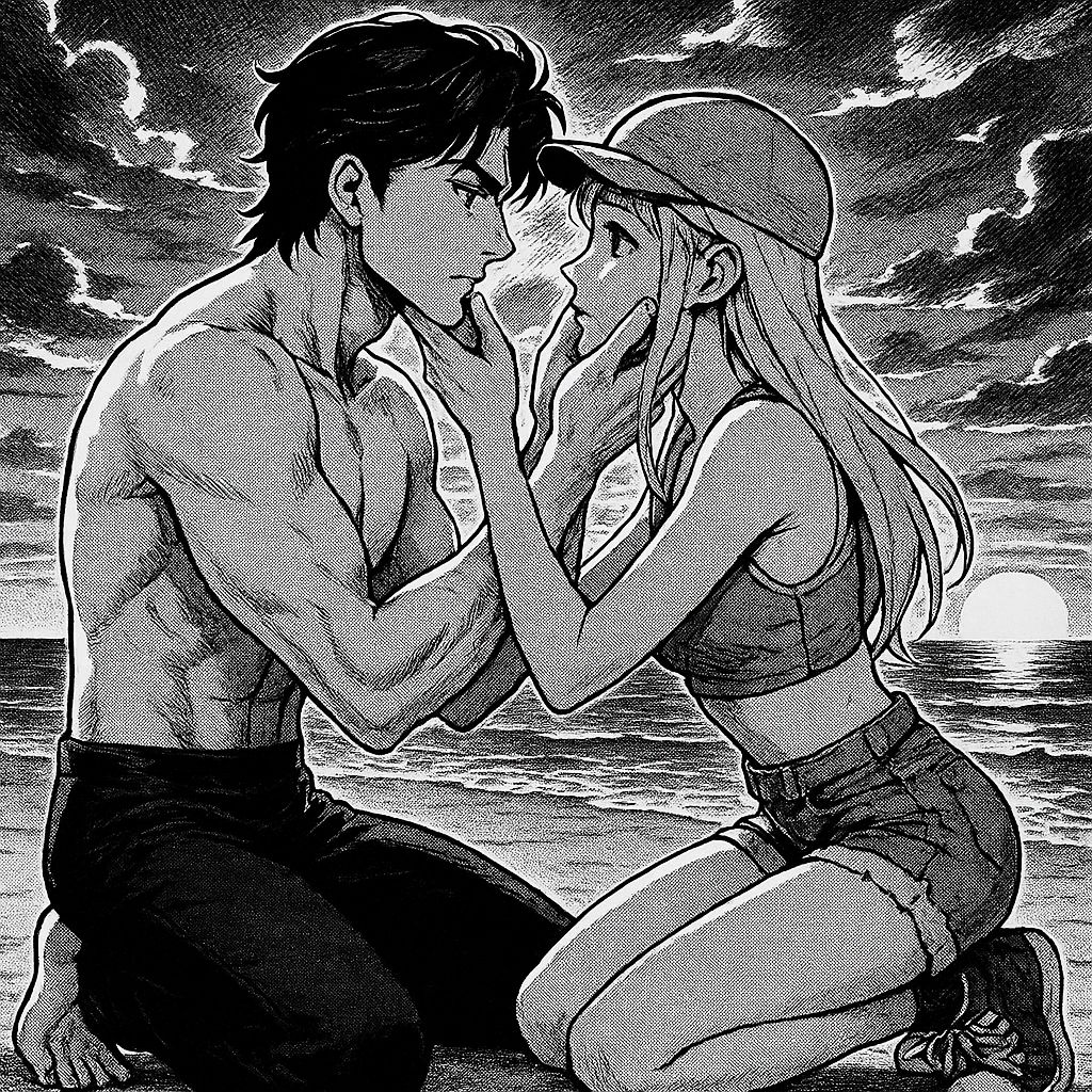 ai_generated annabeth_chase black_and_white black_hair blonde_hair hat percy_jackson percy_jackson_and_the_olympians shore sunset