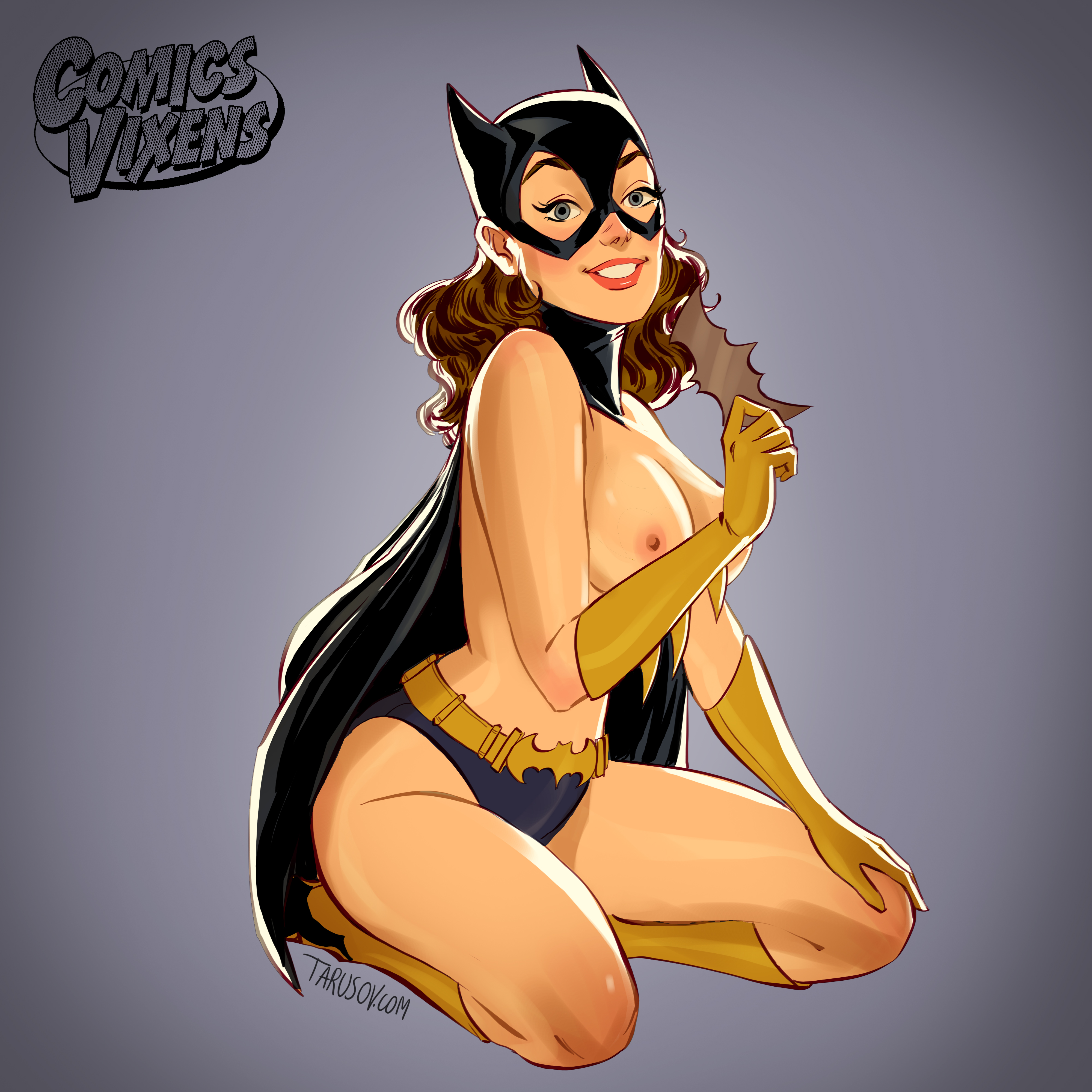 andrew tarusov, animal ears, artist name, barbara gordon, bat ears, batarang, batgirl, batman (series), belly, belt, blue eyes, boots, breasts, brown hair, cape, cowl, dc, dc comics, elbow gloves, english, english text, fake animal ears, female, female only, footwear, gloves, grey background, high resolution, hips, holding object, holding weapon, kneeling, large breasts, legs, lipstick, long hair, looking at viewer, makeup, mask, medium breasts, midriff, nipples, pantsu, pose, shoes, signature, simple background, smile, solo, stomach, superhero, superheroine, text, thigh boots, thighhighs, thighs, underwear, very high resolution, weapon, yellow boots, yellow footwear, yellow gloves, yellow shoes