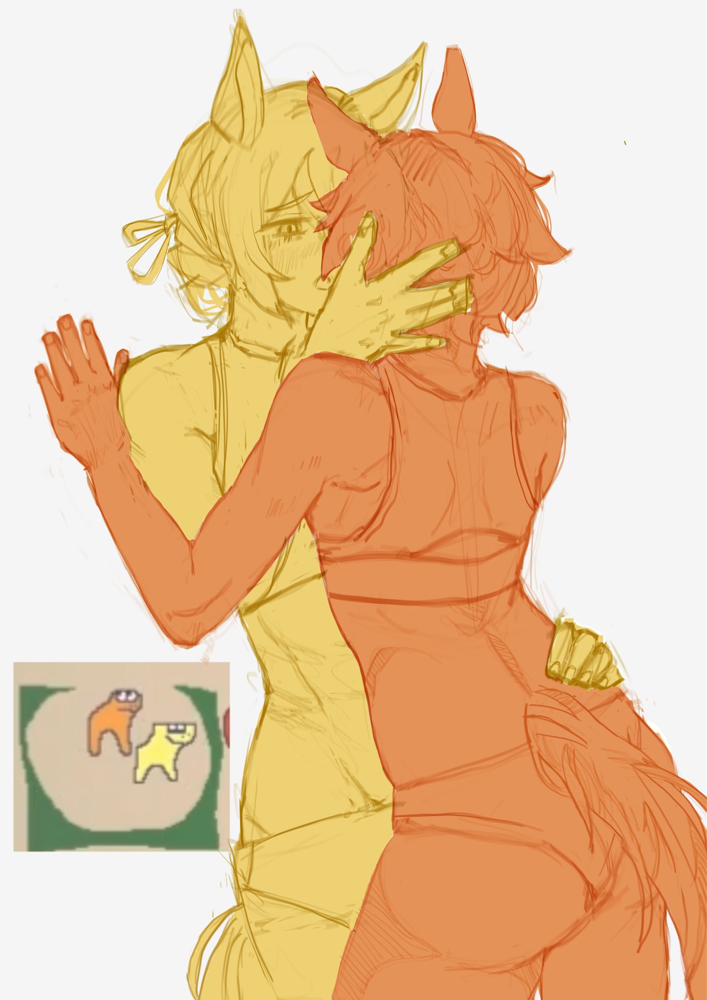 2girls, animal ears, blush, clothed, female, hair ribbon, hand on another's head, hand on another's hip, highres, horse ears, horse girl, horse race tests, horse tail, jovial merryment, kissing, lightning strikes thrice, multiple females, multiple girls, panties, reference image, reference inset, simple background, sports bra, sportswear, underwear, white background, yuri