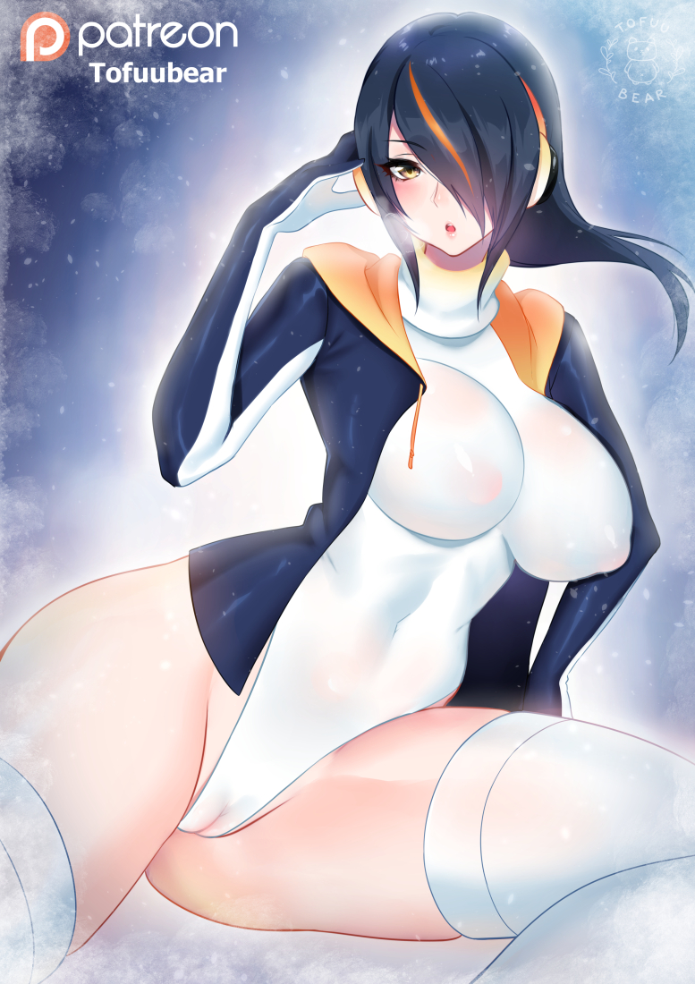 blush, breasts, cameltoe, cleavage, emperor penguin (kemono friends), erect nipples, female, female only, hair over eye, kemono friends, nipples, pussy, solo, thighhighs, tofuubear