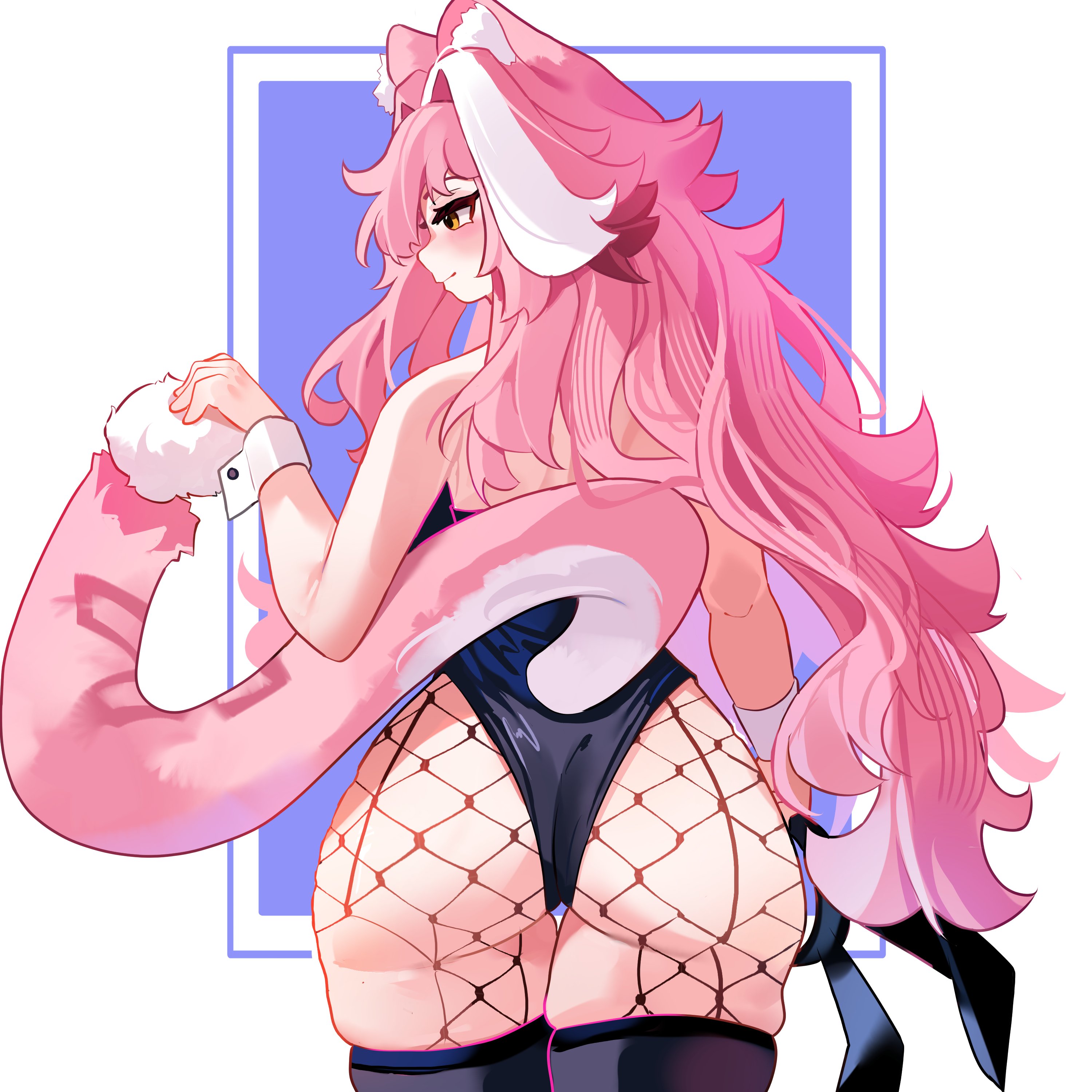 absurdres, animal ears, ass, back, bare shoulders, black hairband, black leotard, black pantyhose, black thighhighs, blush, closed mouth, clulless, female, fishnet pantyhose, fishnets, from behind, hair intakes, hairband, highres, holding hairband, holding own tail, hololive, hololive english, hololive english -justice-, leotard, long hair, looking to the side, multicolored hair, panther ears, panther girl, panther tail, pantyhose, pink hair, purple background, raora panthera, simple background, solo, streaked hair, tail, thighhighs, thighs, two-tone hair, unworn hairband, virtual youtuber, white hair, white wrist cuffs, wrist cuffs, yellow eyes