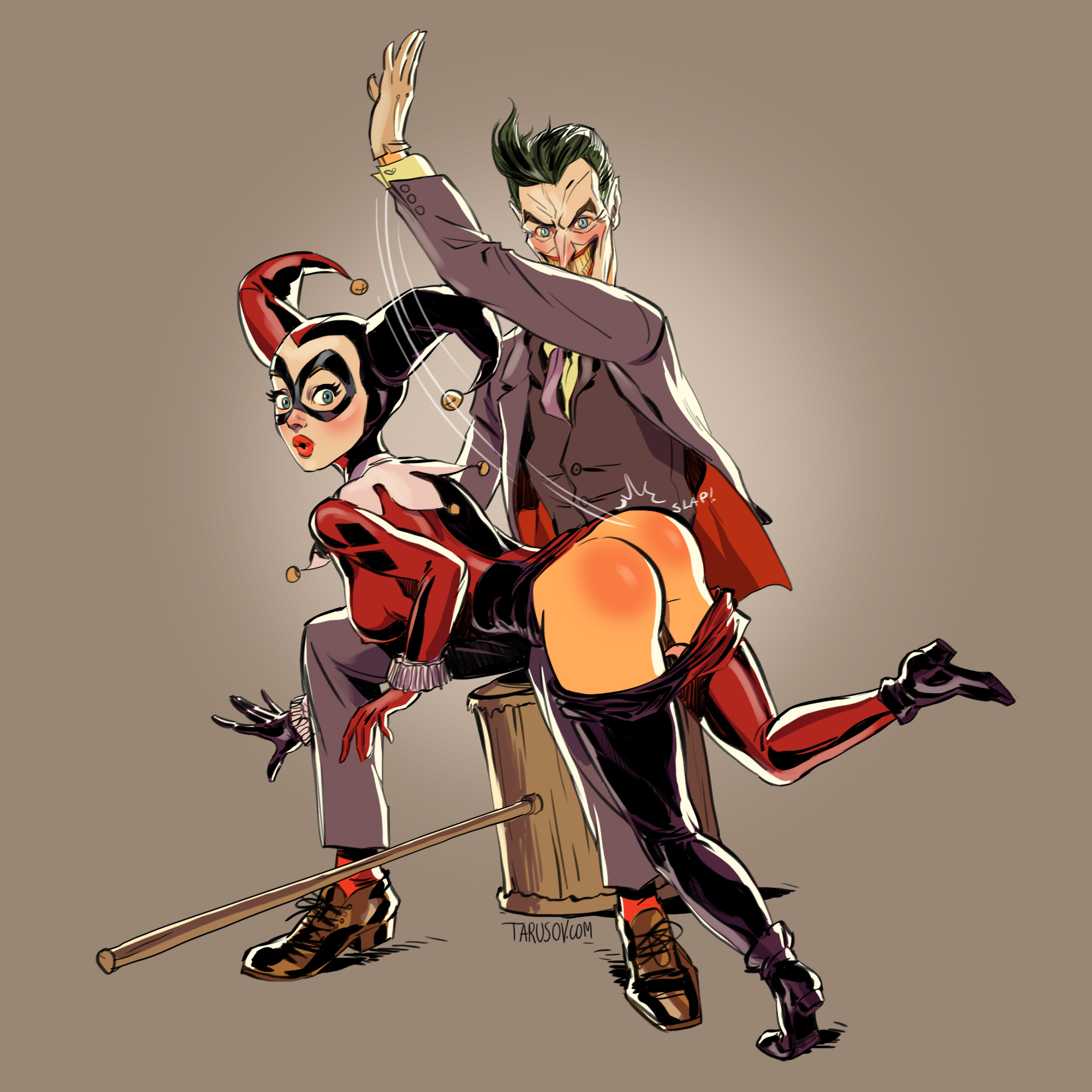 1boy, andrew tarusov, artist name, ass, batman (series), bell, bent over, blue eyes, breasts, cap, costume, covered breasts, dc, dc comics, domino mask, erect nipples, erect nipples under clothes, female, footwear, gloves, green eyes, grin, hammer, harley quinn, harley quinn (classic), hat, high heels, high resolution, hips, human, jacket, jester, jester cap, joker, legs, light skin, light-skinned male, lipstick, makeup, male, mask, medium breasts, necktie, nipples, pale skin, pale-skinned male, pants, pantsu, punishment, punishment spanking, red ass, shoes, short hair, sideboob, signature, simple background, sitting, slap mark, smile, socks, spanking, suicide squad, supervillain, the joker, thighs, underwear, villain, weapon, white gloves, white skin