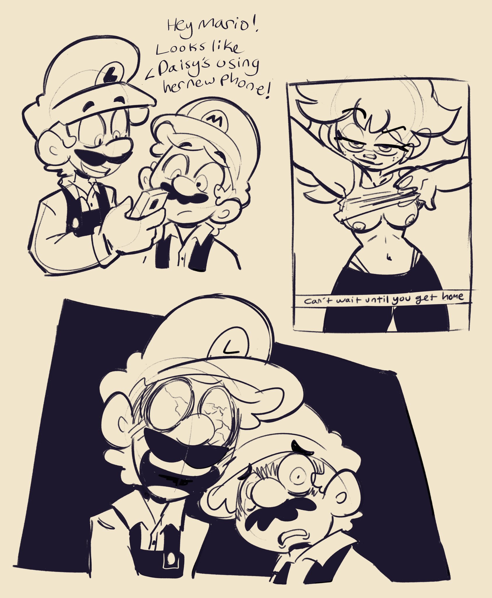 1girls, 2boys, breasts, breasts out, canon couple, female, horrified, ilikeluigibooty, lifting shirt, love, luigi, male, mario, mario (series), monochrome, nintendo, phone, picture, princess daisy, sexting, shocked, simple background, smirk, snapchat, surprised