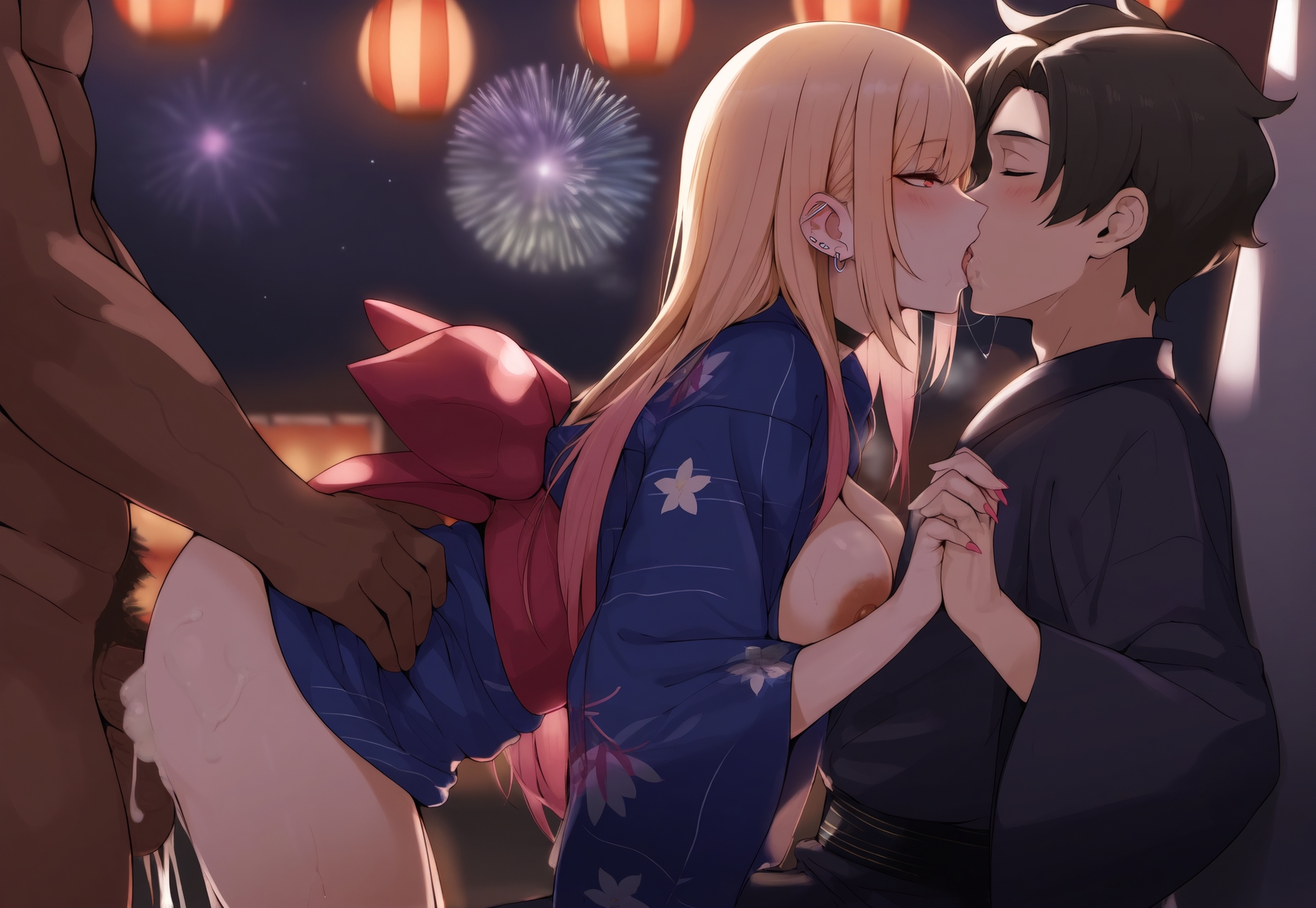 1girls, 2boys, ai generated, blonde hair, cuckold, cum, dark skin, dark-skinned male, female, from behind, holding hands, interracial, kissing, kitagawa marin, male, mikerss, sono bisque doll wa koi wo suru, threesome