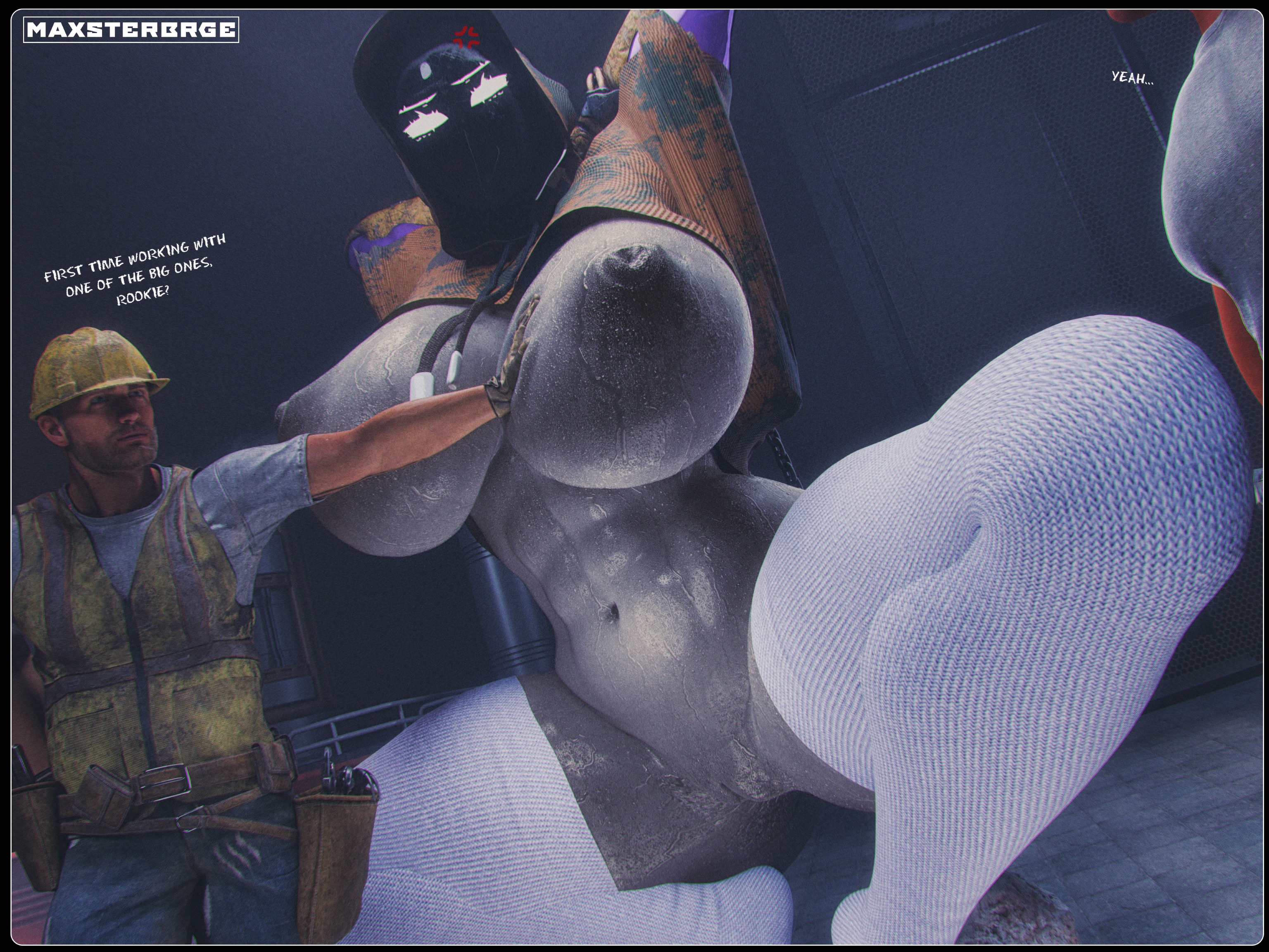 3d, 3d (artwork), abs, angry, angry expression, big breasts, breast press, breasts, female, half naked, half nude, half-dressed, hand on breast, inminent sex, looking at viewer, maxsterbrge, monster girl, muscular, muscular female, robot, robot girl, size difference, squatting, sweat, sweatdrop, sweating, taller female