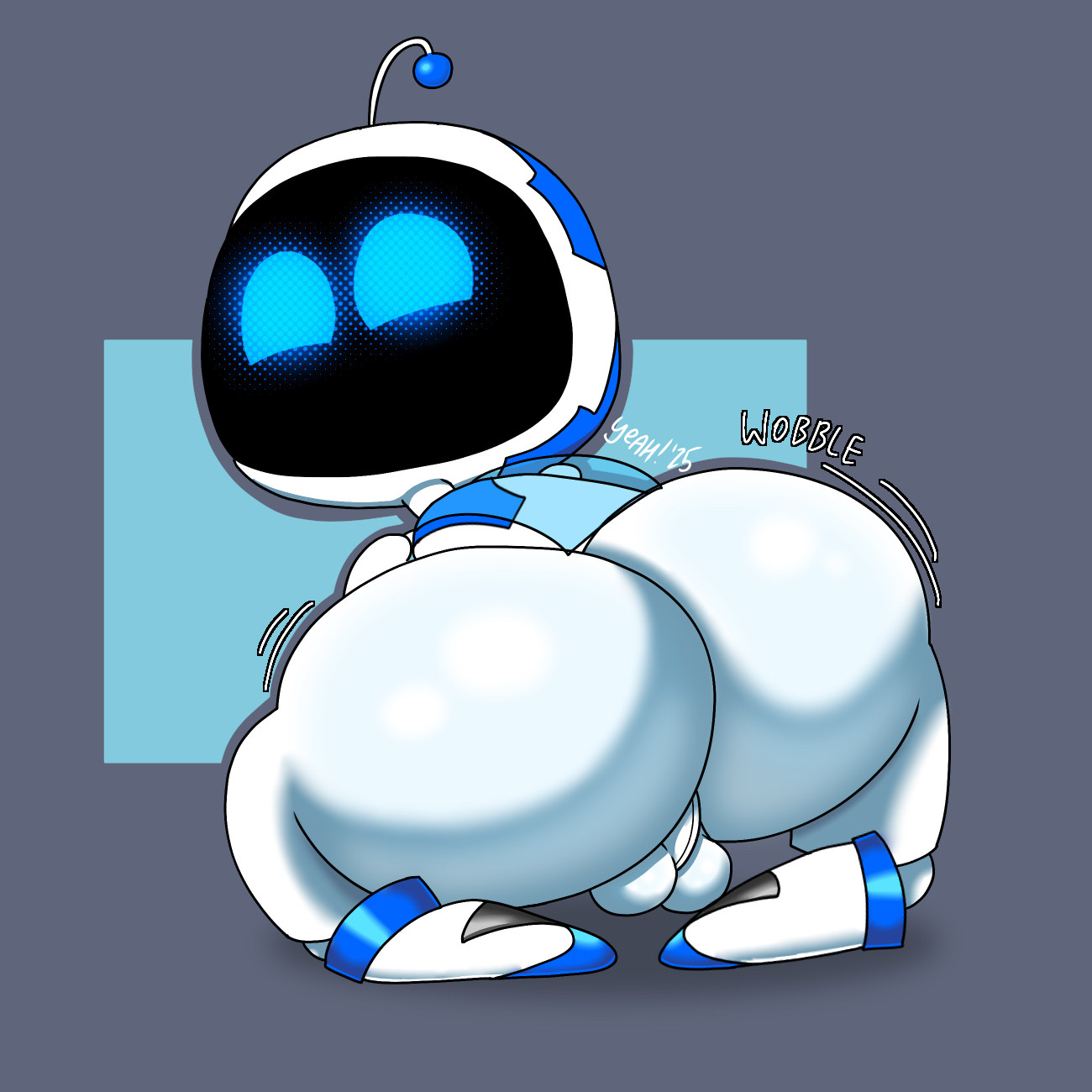 1boy, 2025, antennae, antennae (anatomy), asking for it, ass, ass focus, astro bot, astro bot (series), balls, big ass, big butt, blue cape, blue eyes, boots, bottom heavy, boy, bubble ass, bubble butt, cape, facing away, femboy, feminine male, footwear, footwear only, gay, happy, huge ass, huge butt, humongous ass, looking at viewer, looking back, looking back at viewer, male, motion lines, no humans, non-human, non-human only, penis, robot, robot boy, robot only, screen face, small balls, small penis, solo, solo focus, solo male, tagme, testicles, translucent cape, white body, wobble, wobbling ass, yeah (artist)