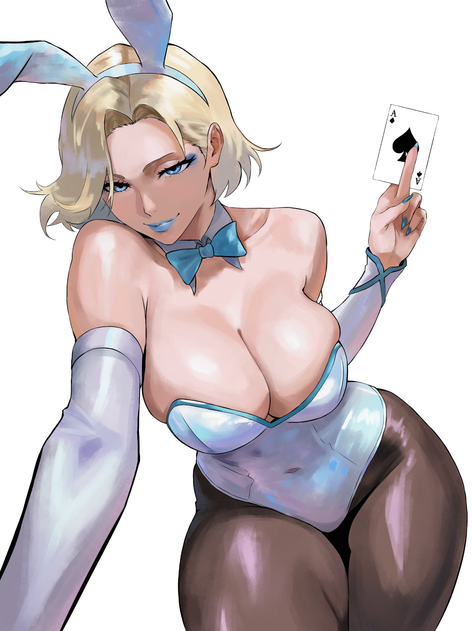 1girls, ace of spades, armwear, bare shoulders, big breasts, blonde female, blonde hair, blue lipstick, breasts, bunny ears, bunny girl, bunnysuit, busty, card, child bearing hips, cleavage, clothed, emma frost, emma frost (marvel rivals), fake animal ears, female, female only, hips, huge breasts, insomn bion, insomniaboin, large breasts, legs, lipstick, looking at viewer, makeup, marvel, marvel comics, marvel rivals, milf, playboy bunny, revealing clothes, slutty clothes, solo, solo female, solo focus, spade, thick, thick legs, thick thighs, thighs, wide hips