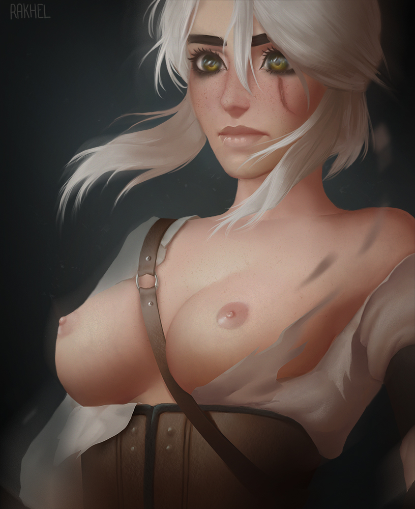 1girls, areolae, breasts, cd projekt red, ciri, female, female only, nipples, rakhel, solo, the witcher (series), the witcher 3: wild hunt, torn clothing, white hair