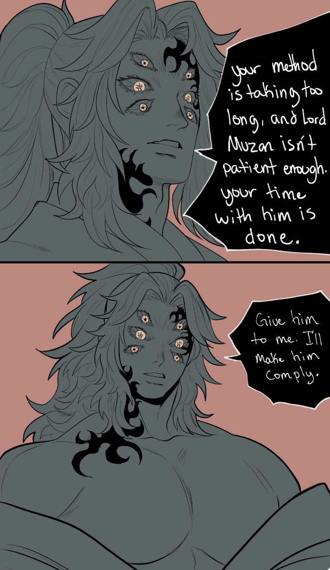 1boy, bare chest, bare midriff, body marks, breasts, clothing, demon, demon boy, demon slayer, dialogue, imgoingtosuckkokushibostittiesonewayoranother, implied sex, kimetsu no yaiba, kokushibo, long hair, long-haired male, male, male only, male tits, marks, muscular, muscular male, solo, tagme, teeth, text