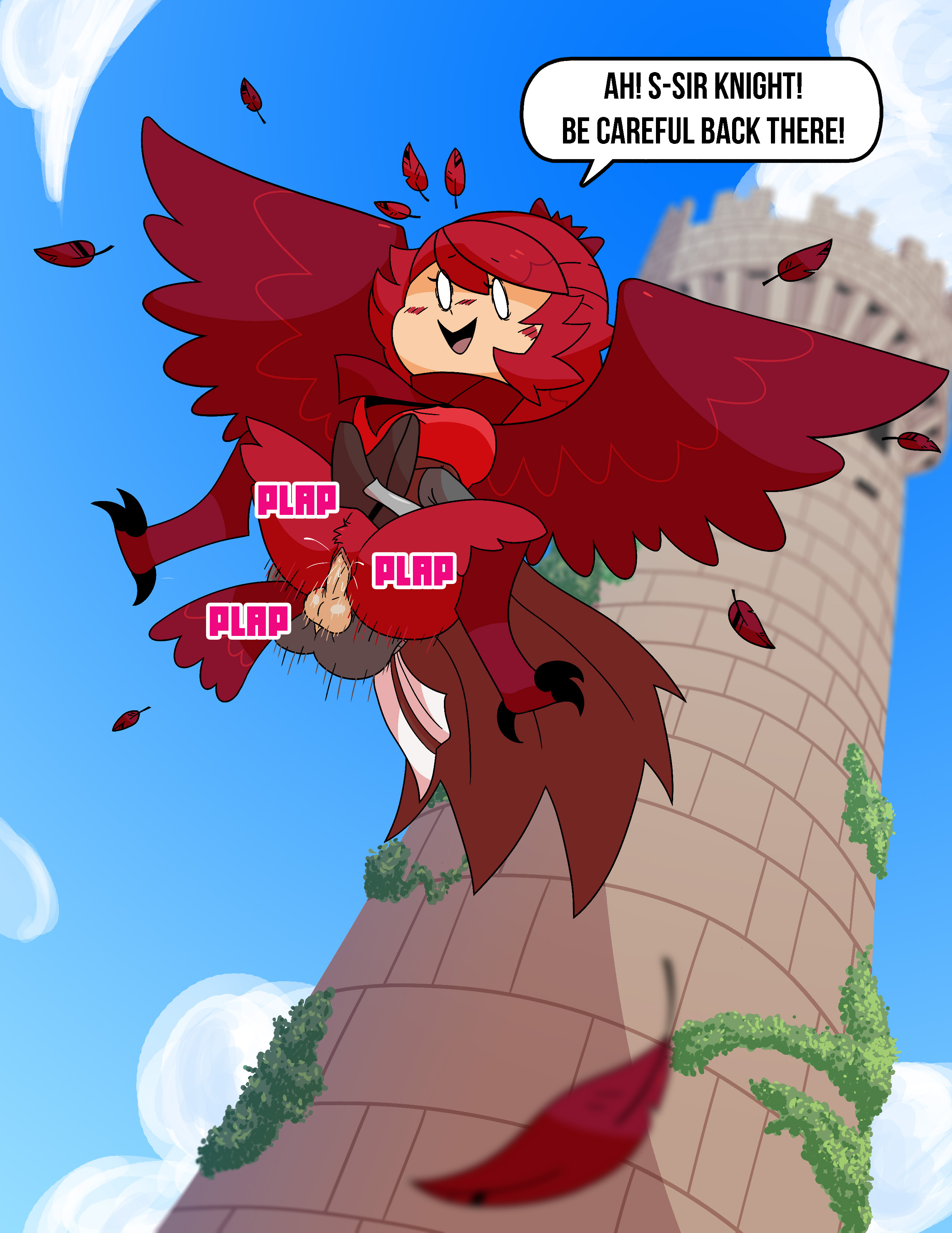 blush, bottomless, cloaca, cloacal penetration, color, dialogue, female, flying, flying sex, harpy, harpy girl, harpy princess (towergirls), interspecies, knight, monster girl, noxshade, onomatopoeia, plap, plap (sound), princess, red feathers, spread legs, text, tower, towergirls