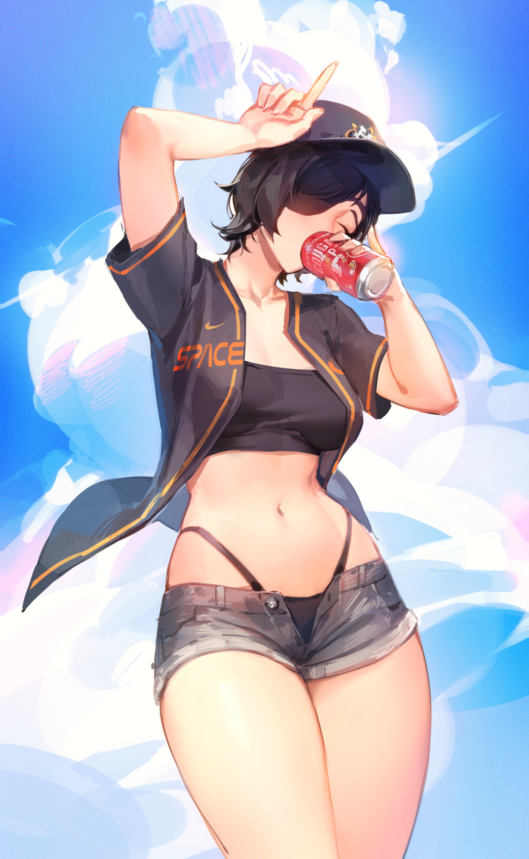baseball cap, baseball uniform, beer, black hair, breasts, chainsaw man, drinking, exposed midriff, eyepatch, female, high waisted thong, himeno (chainsaw man), houston astros, large breasts, limart, navel, open clothes, open shirt, open shorts, thighs
