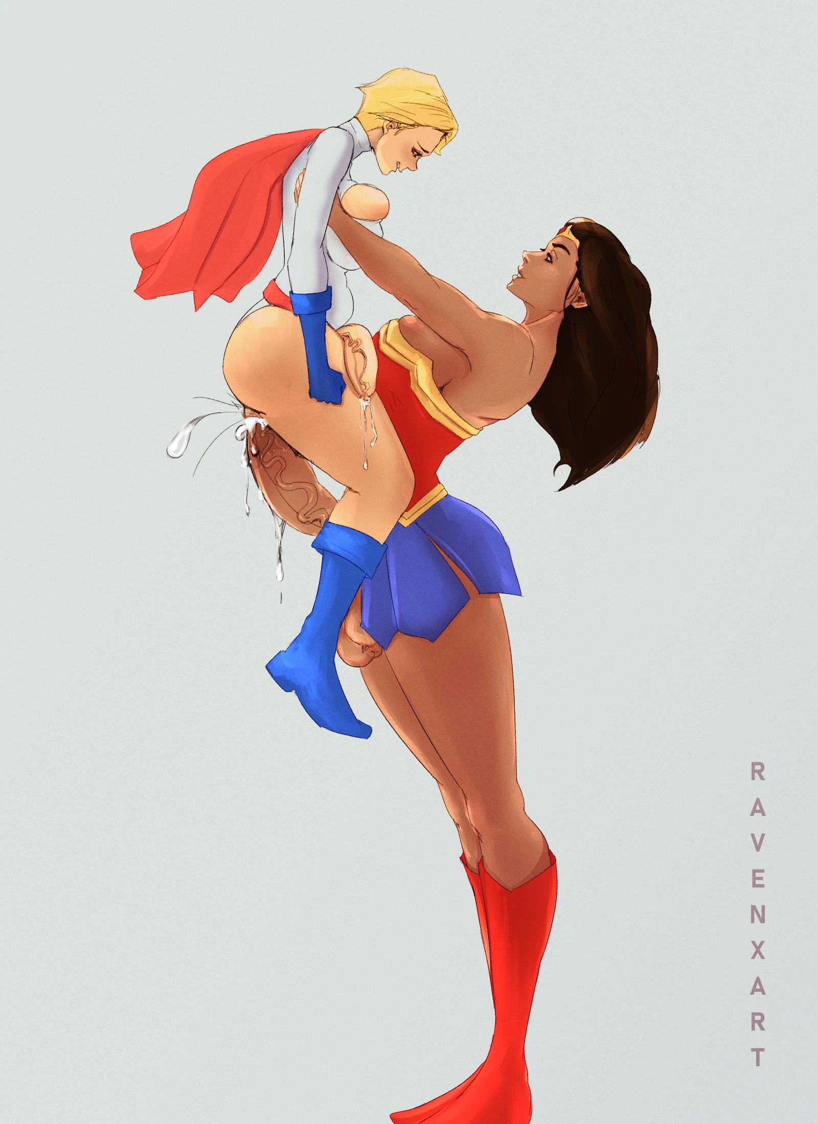 2futas, big breasts, black hair, blonde hair, breasts, cum, cum inside, cumming, dc, dc comics, erection, female, flaccid, flaccid penis, flaccid while cumming, flaccid while penetrated, futa on futa, futa only, futanari, giantess, huge breasts, huge cock, intersex, large female, larger futa, mini giantess, penetration, penis, power girl, ravenxart, sex, size difference, smaller futa, superman (series), wonder woman