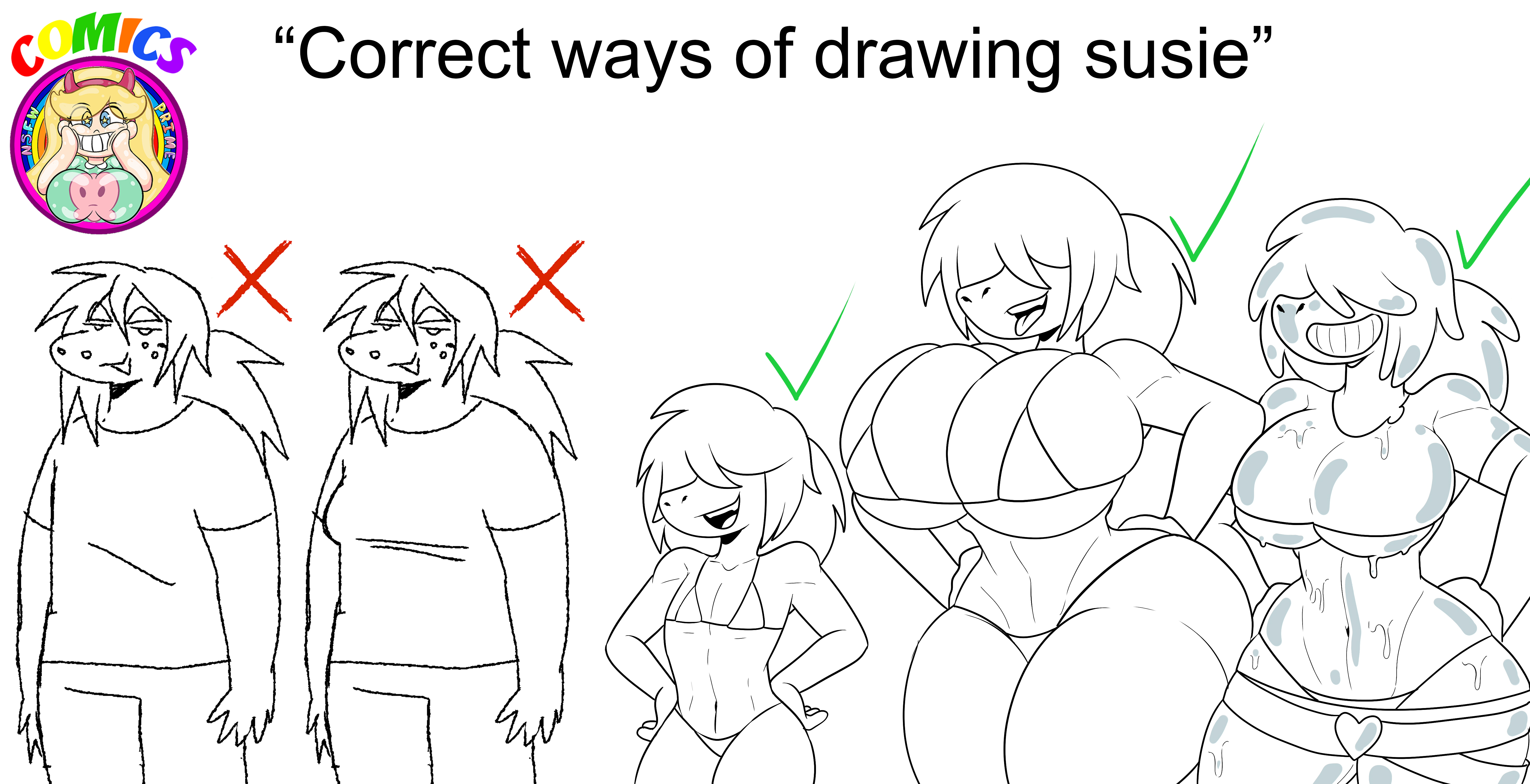 big breasts, bikini, bimbo, deltarune, goo creature, hair covering eyes, meme, permanent smile, sketch, small breasts, susie (deltarune), tagme, zaicomaster14