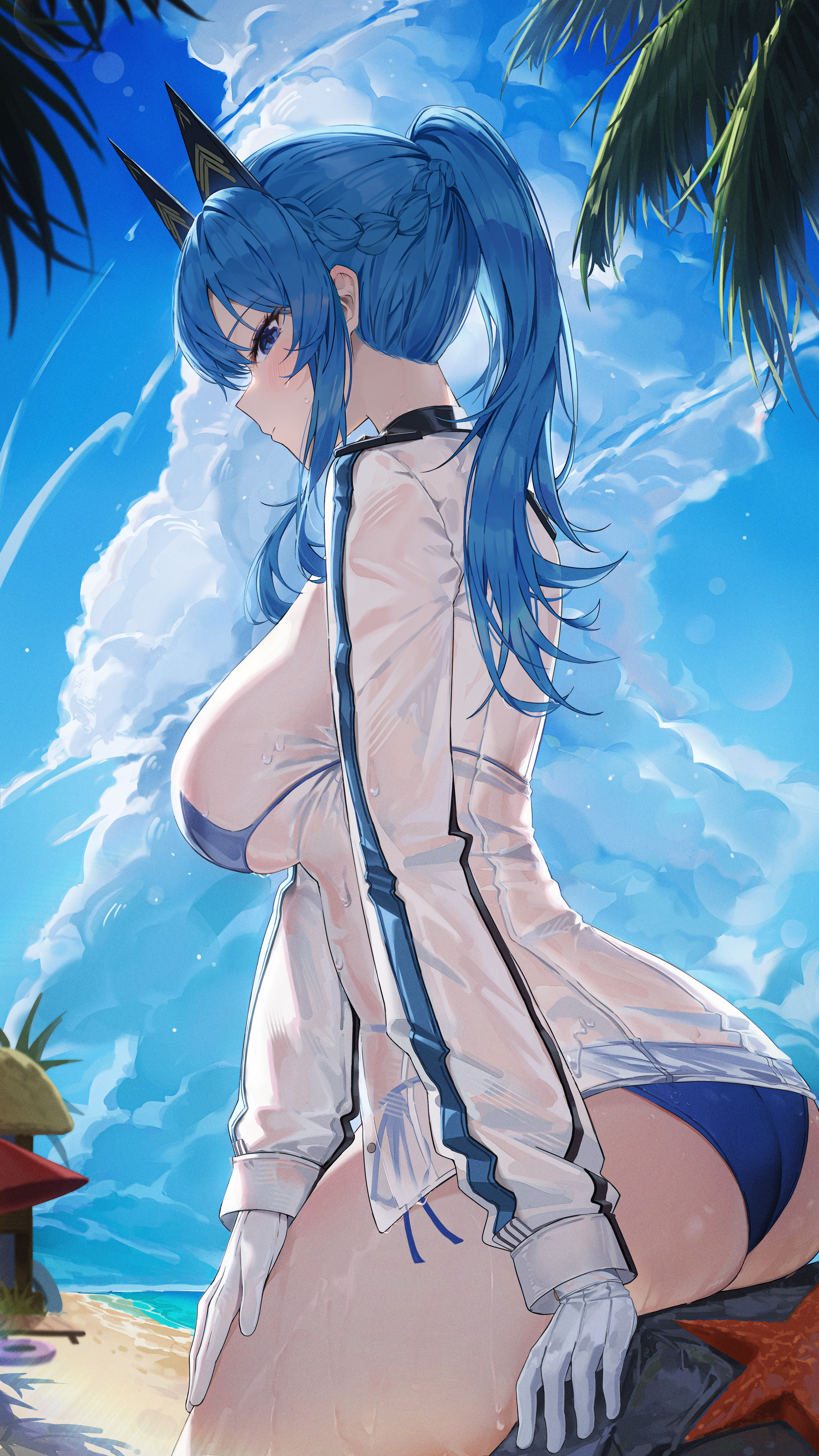 ass, beach, big breasts, bikini, bikini under clothes, blue bikini, blue eyes, blue hair, blue sky, blush, breasts, clouds, female, gloves, goddess of victory: nikke, hair intakes, helm (aquamarine) (nikke), helm (nikke), jhk, long hair, looking at viewer, military uniform, naval uniform, no pants, ocean, official alternate costume, outdoors, ponytail, see-through, see-through clothing, see-through top, shirt, side tie bikini bottom, side-tie bikini, sidelocks, sitting, skindentation, sky, solo, starfish, swimsuit, thighs, tropical, wet, wet clothes, white gloves, white shirt