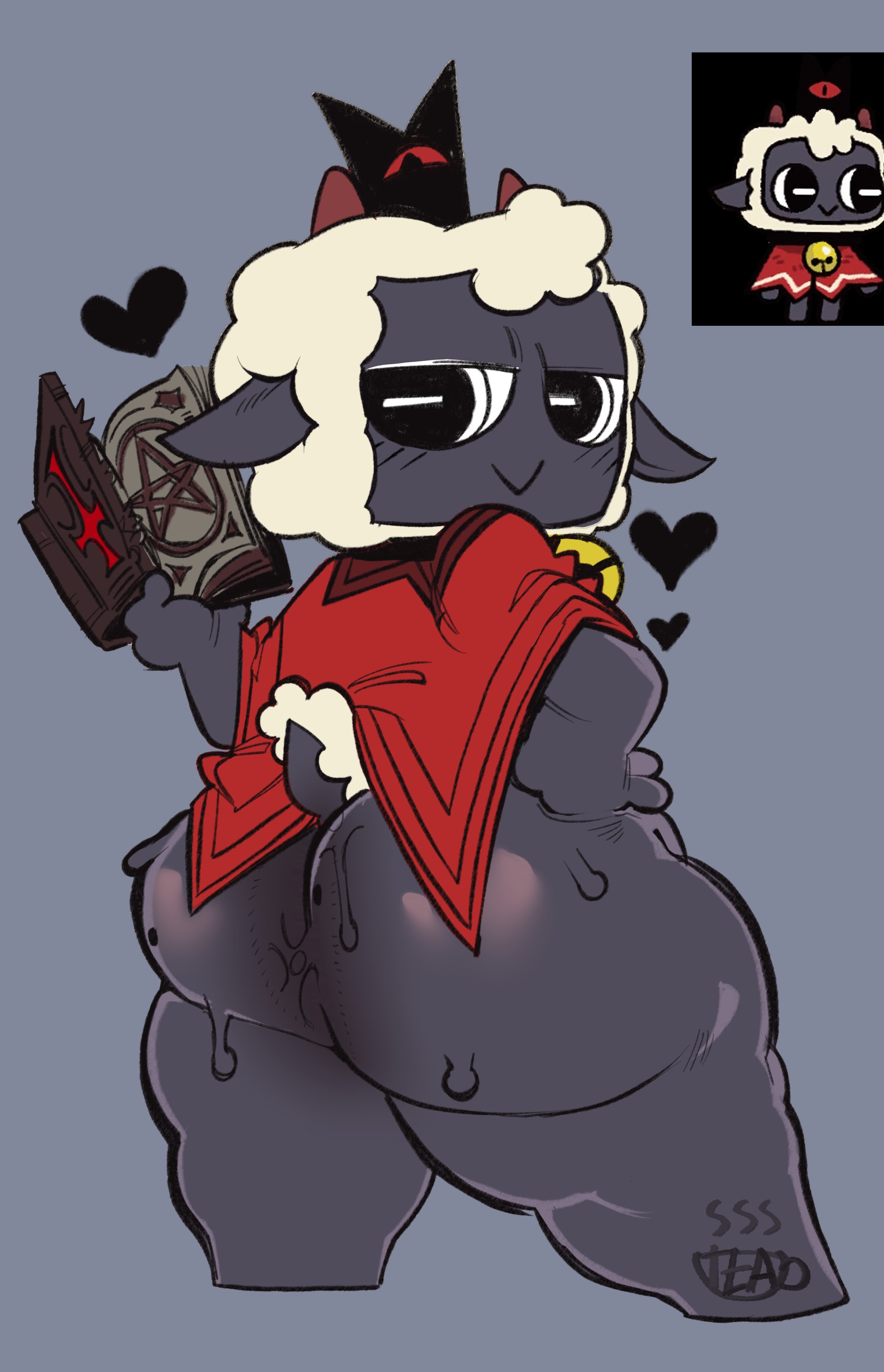1girls, ass, behind view, big ass, big butt, book, bottom heavy, bottomless, bubble ass, bubble butt, caprine, clothing, crown, cult of the lamb, curvaceous, curvy, curvy figure, female, female only, grey background, hand on hip, heart, horns, huge ass, lamb (cult of the lamb), looking back, mole, mole on ass, mostly nude, reference image, scut tail, sheep, solo, solo female, sweat, sweating, sweaty, sweaty ass, sweaty butt, tail, teatimetrin, thick thighs, voluptuous, voluptuous female, white hair, wide hips