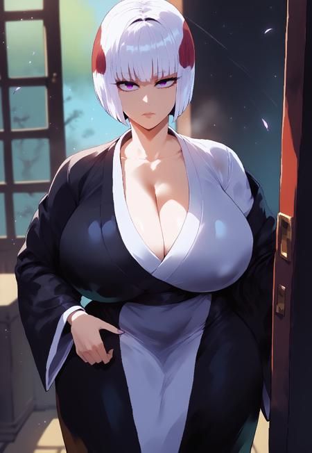 1girls, ai generated, breasts, cleavage, female, huge breasts, jujutsu kaisen, kimono, light skin, light-skinned female, massive breasts, short hair, uraume, white hair