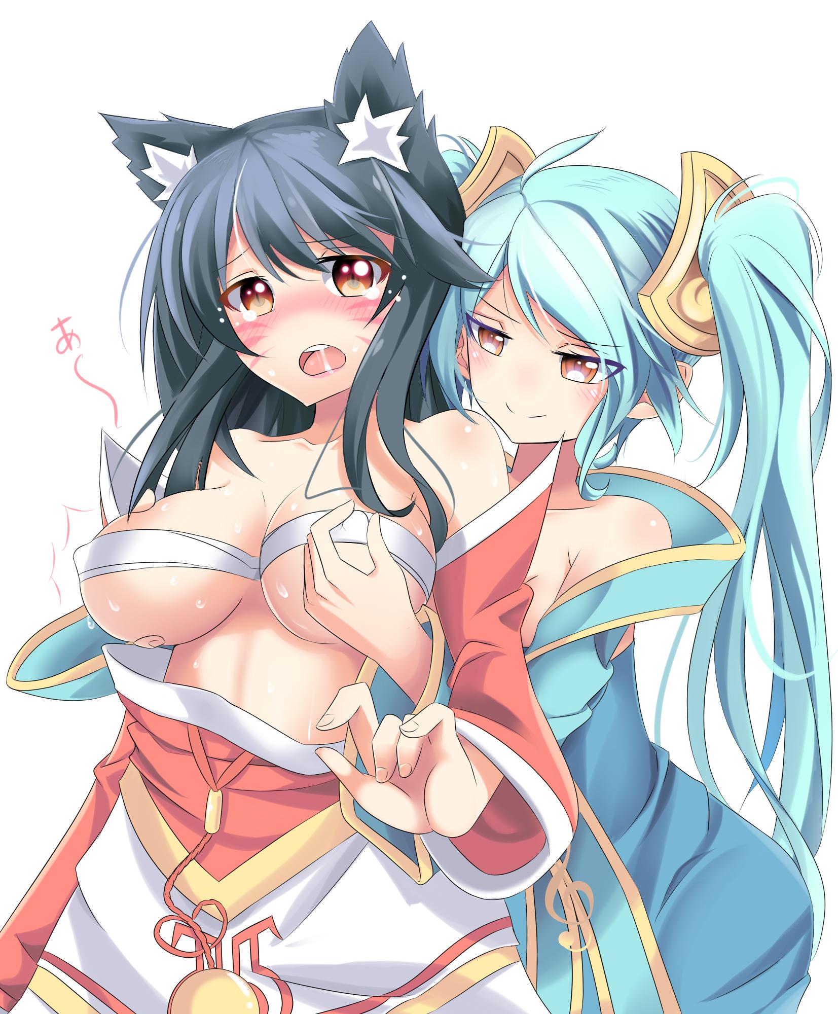 2girls, ahri, animal ears, aqua hair, black hair, blush, breasts, embarrassed, female, groping, kitsunemimi, large breasts, league of legends, multiple females, multiple girls, nipple tweak, riot games, sona buvelle, white background, yuri