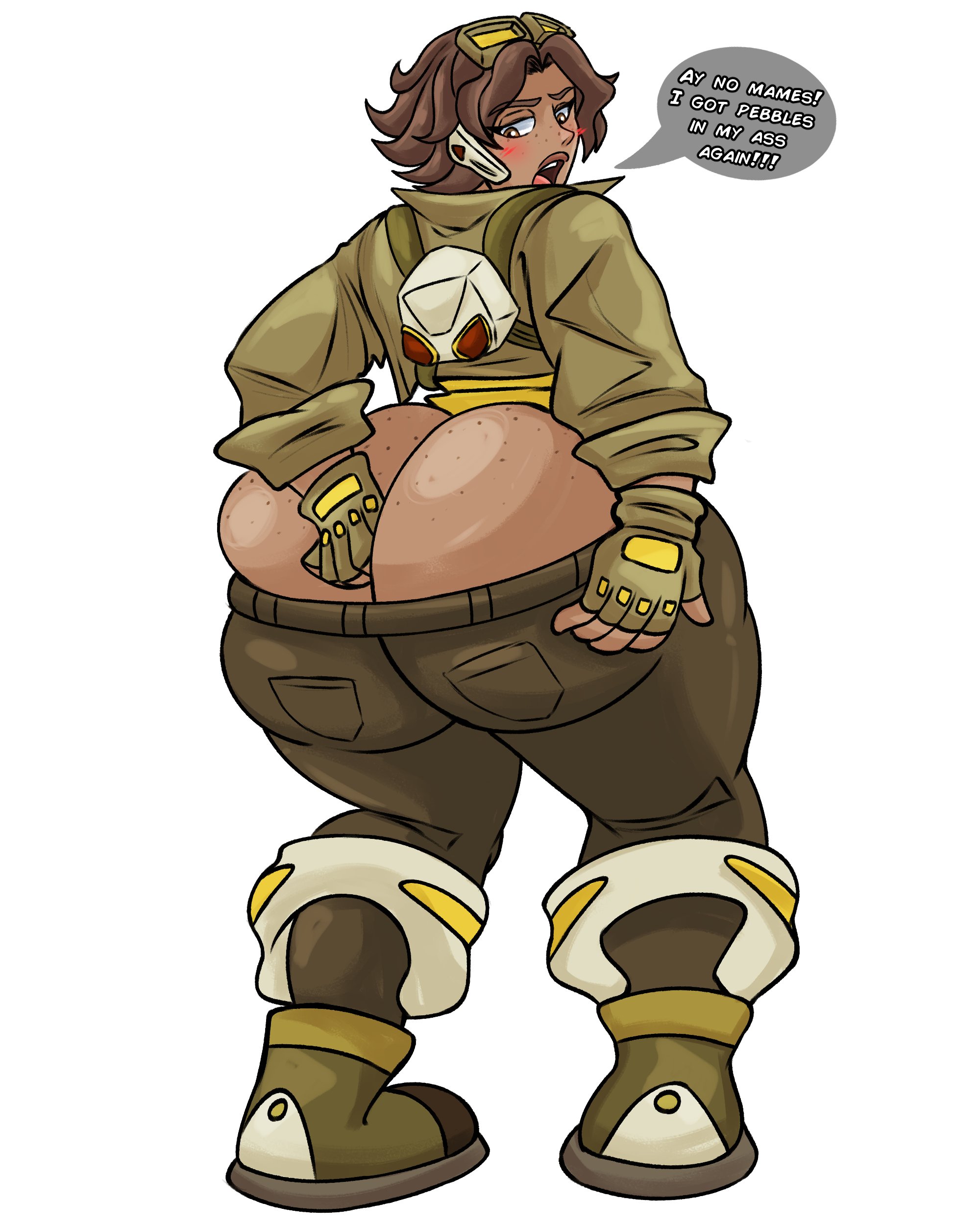 ambiguous gender, androgynous, ass, ass bigger than head, ass cleavage, ass crack, ass focus, big ass, blizzard entertainment, bottom heavy, butt crack, butt digging, dark skin, digging up in they ass, female, female only, freckles, freckles on ass, freckles on butt, huge ass, maikyoh, nonbinary, overwatch, overwatch 2, solo, tacotrazh, tagme, text, venture