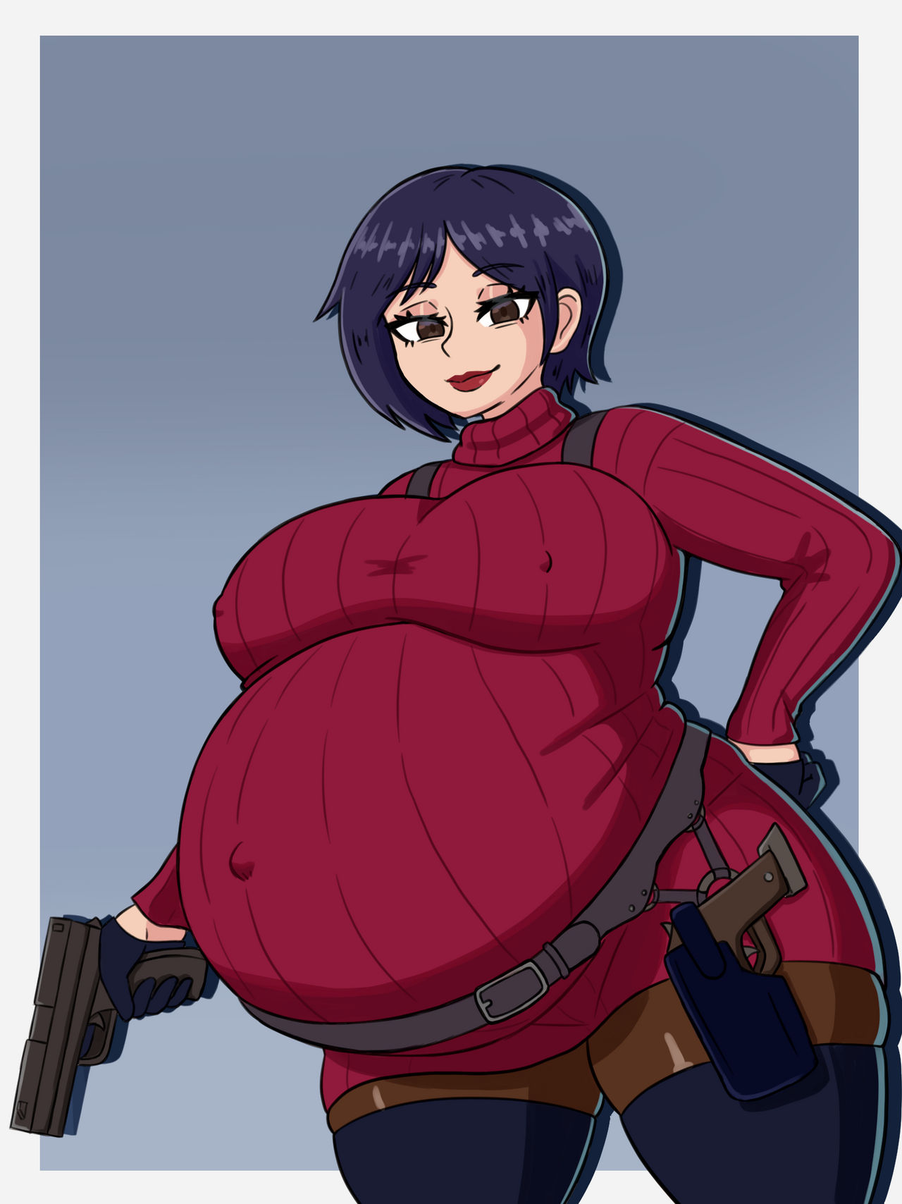 1girls, ada wong, big belly, big breasts, black hair, bloated belly, breasts, brown eyes, capcom, clothed, clothing, erect nipples, female, female only, gun, lewdy-spaghette, lipstick, navel, navel visible through clothes, nipple bulge, nipples, outie navel, pregnant, red lipstick, resident evil, short hair, skinny arms, super belly, sweater, thick thighs