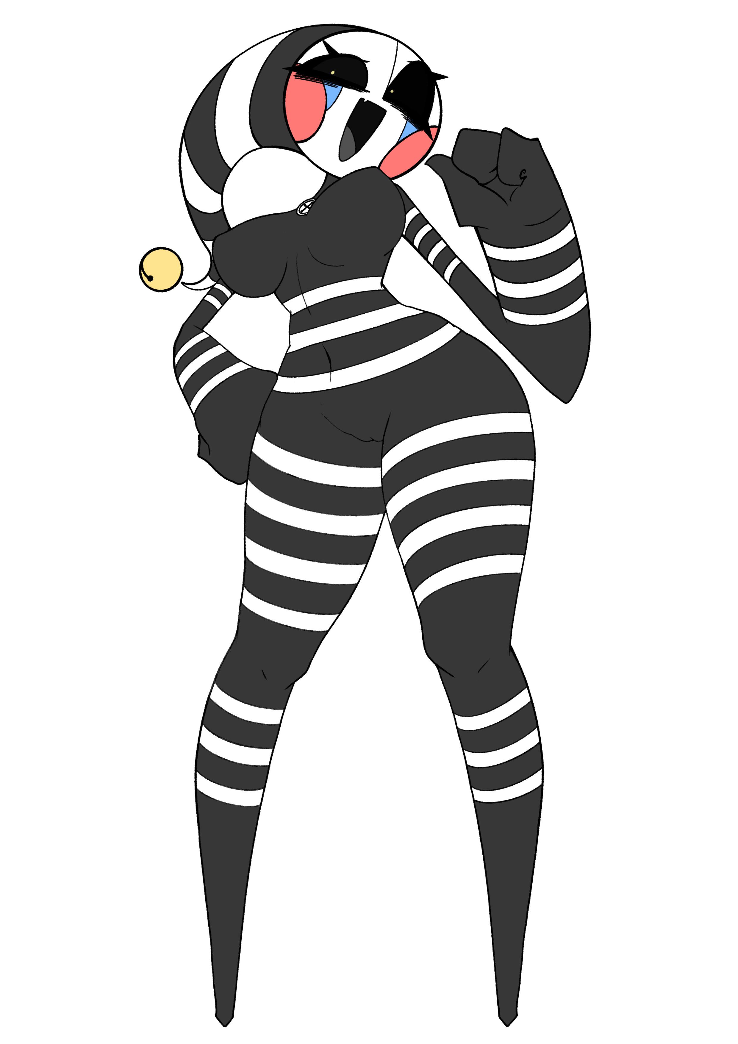 1girls, black body, black sclera, blush, breasts, female, female only, five nights at freddy's, freddy fazbear's pizzeria simulator, hss dada, marionette (fnaf), puppet (fnaf), red cheeks, security puppet (fnaf), smiling at viewer, smug, solo, striped body, stripes, tagme, thick thighs, thighs, white background, white pupils