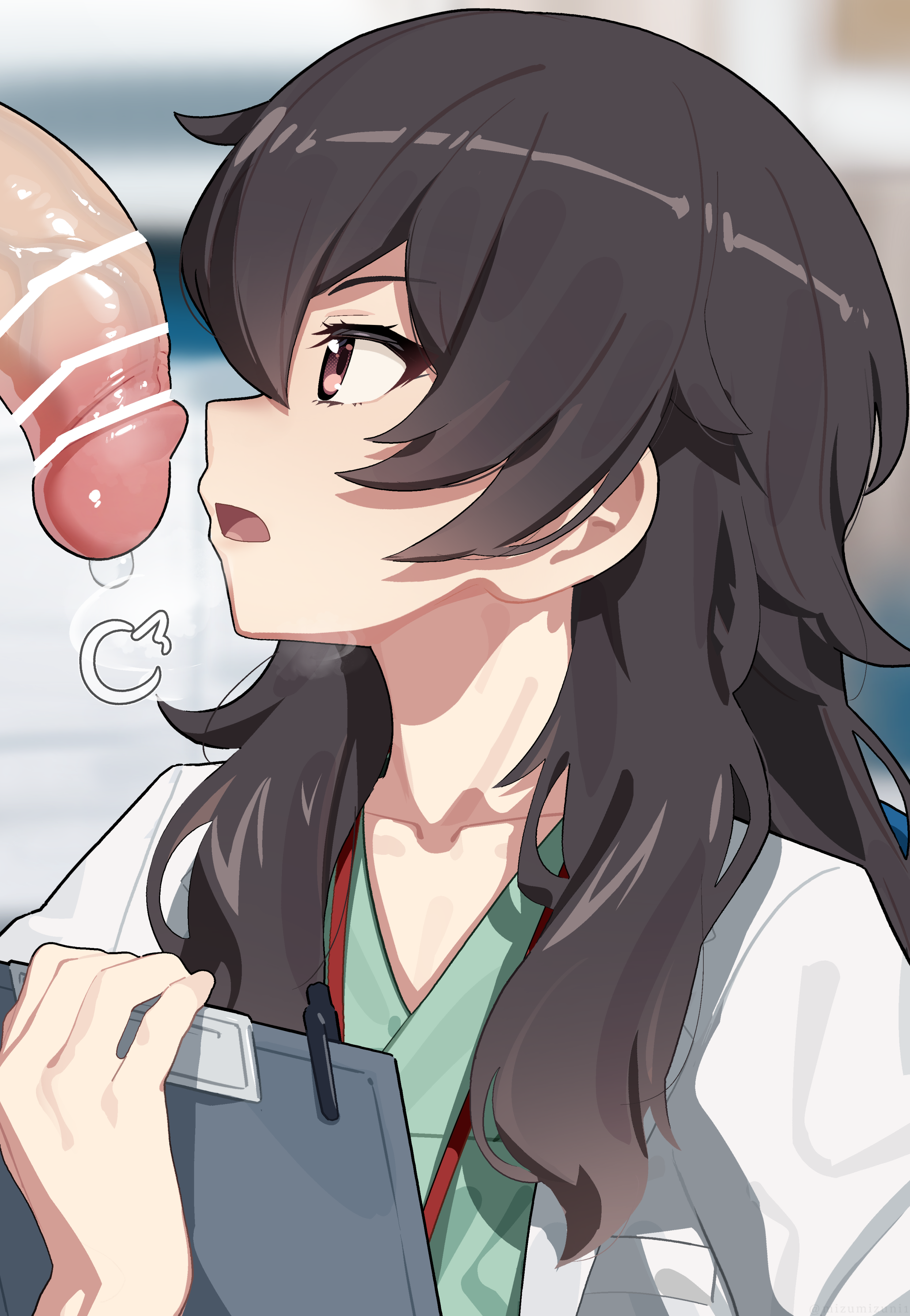 1boy, 1girls, absurdres, ameku takao, ameku takao no suiri karte, bar censor, black hair, blurry, blurry background, censored, commentary request, doctor, female, highres, looking at penis, male, medium hair, mizumizuni, penis, penis awe, solo focus, straight, upper body