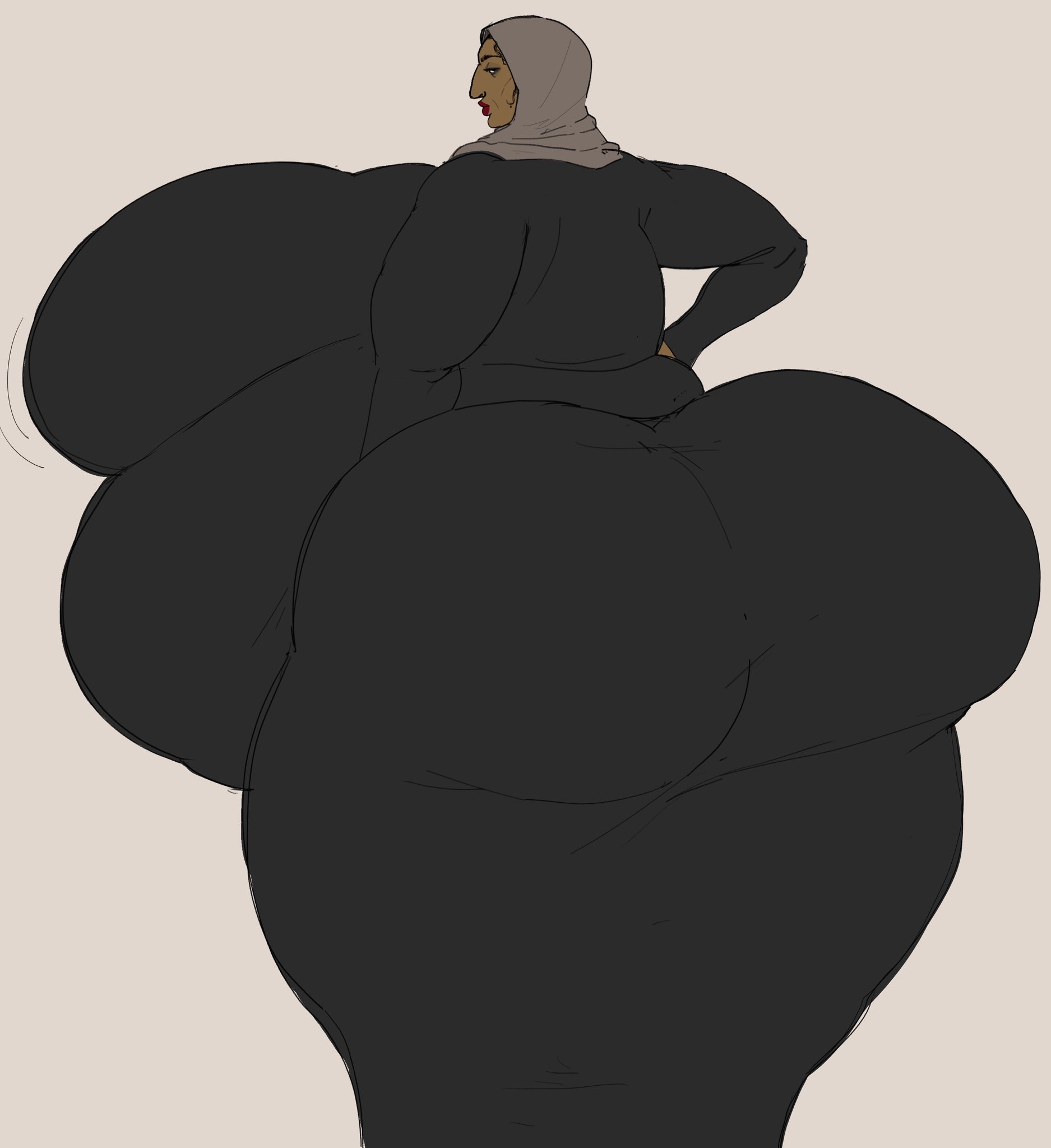 1girls, arabian, ass, ass bigger than head, bbw, big ass, big belly, big breasts, breasts, breasts bigger than head, clothed, clothing, crumplednapkins, dress, female, female only, hijab, huge ass, looking back, nappynapnapkins, original, simple background, solo, thick thighs