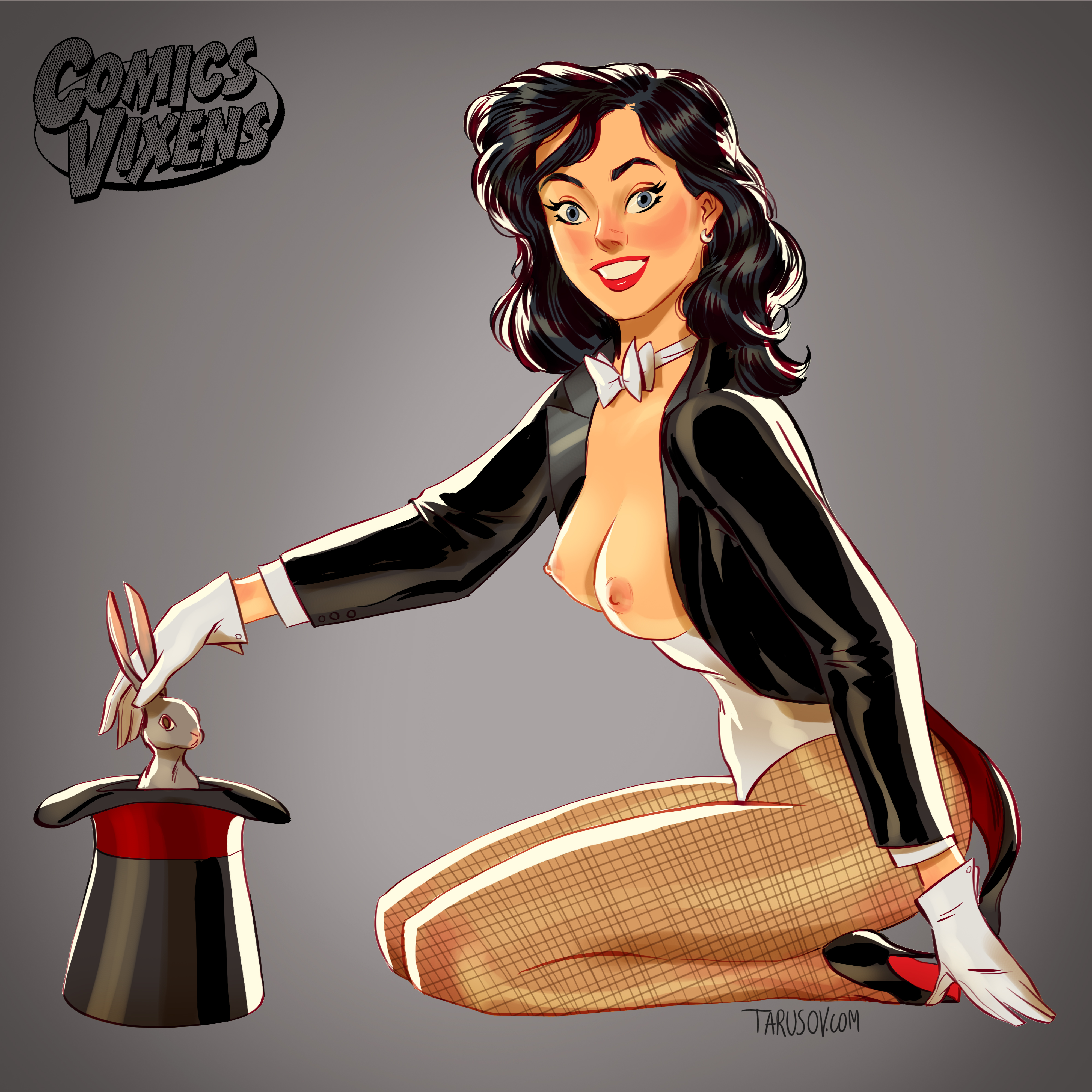 andrew tarusov, animal, animal ears, artist name, ass, black footwear, black hair, black legwear, black pantyhose, black shoes, blue eyes, bowtie, breasts, bunny, bunny ears, clothed female, corset, dc, dc comics, earrings, english, english text, female, female only, fishnet legwear, fishnet pantyhose, fishnets, footwear, fur, fur trim, gloves, grey background, grey fur, hat, high heels, high resolution, hips, jacket, jewelry, justice league, kneeling, legs, legwear, lipstick, long hair, looking at viewer, magic, magic user, magician, makeup, mammal, medium breasts, necktie, nipples, pantyhose, shoes, signature, simple background, smile, solo, straight hair, superhero, superheroine, tailcoat, text, thighs, top hat, very high resolution, white gloves, zatanna