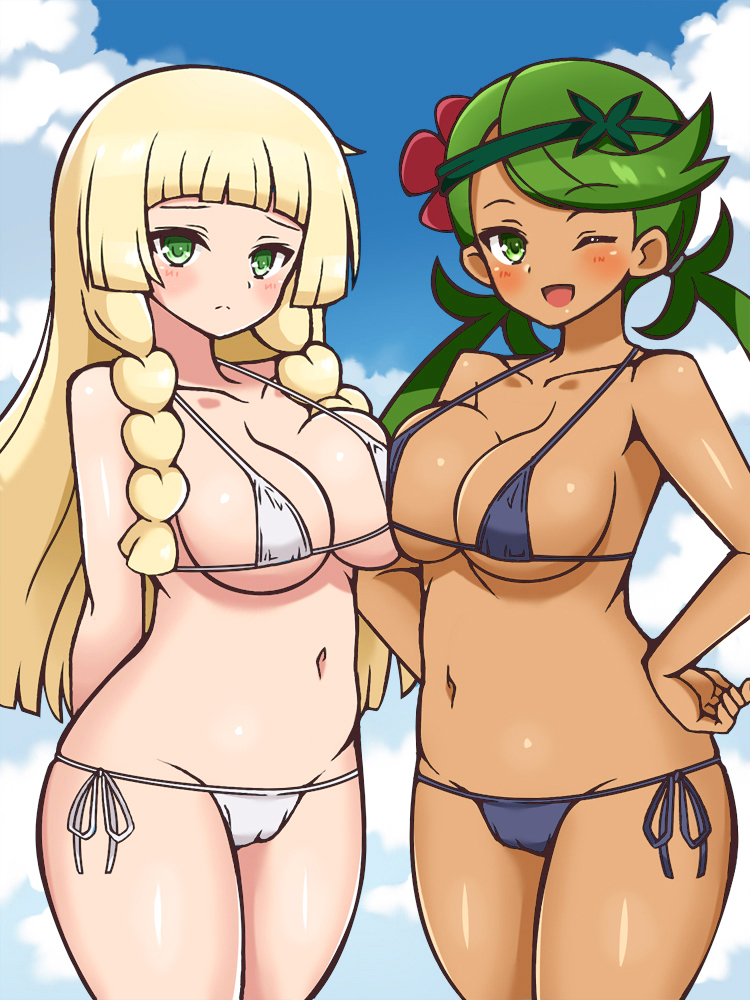 2girls bikini blonde_hair blush breast_press breasts cameltoe chro cleavage dark-skinned_female dark_skin female female_only green_eyes green_hair human lillie_(pokemon) looking_at_viewer mallow_(pokemon) nintendo pokemon pokemon_sm