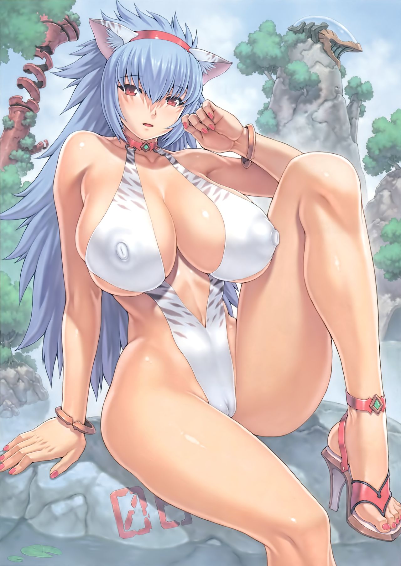 animal ears, bangs, bikini, blue hair, breasts, cameltoe, cleavage, clothed female, collar, covered nipples, curvy, fake animal ears, female, female only, huge breasts, long hair, looking at viewer, mogudan, open mouth, puffy nipples, pussy, sitting, solo, thick thighs